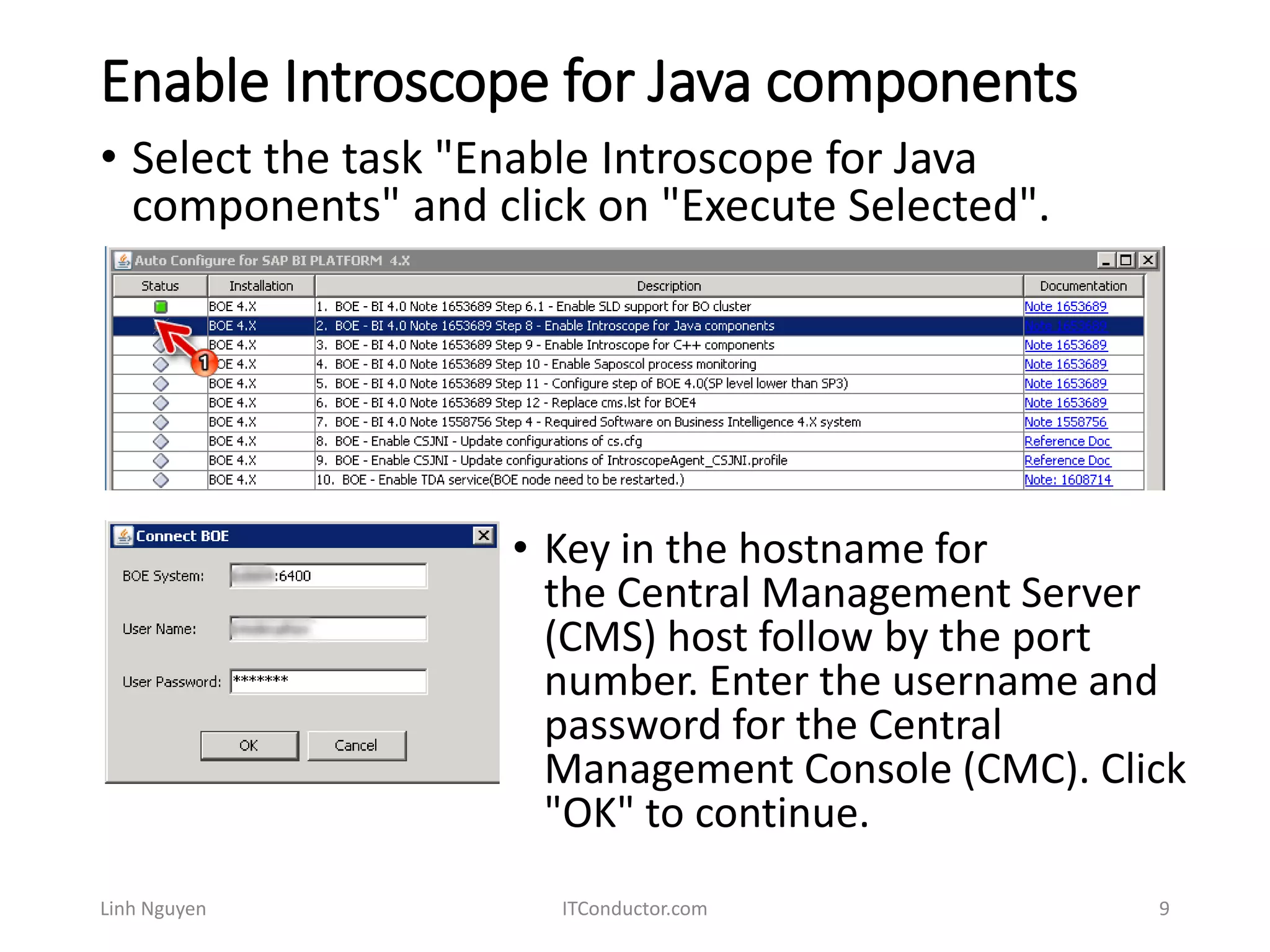 Enable Introscope for Java components
Linh Nguyen ITConductor.com 9
• Select the task "Enable Introscope for Java
components" and click on "Execute Selected".
• Key in the hostname for
the Central Management Server
(CMS) host follow by the port
number. Enter the username and
password for the Central
Management Console (CMC). Click
"OK" to continue.
 