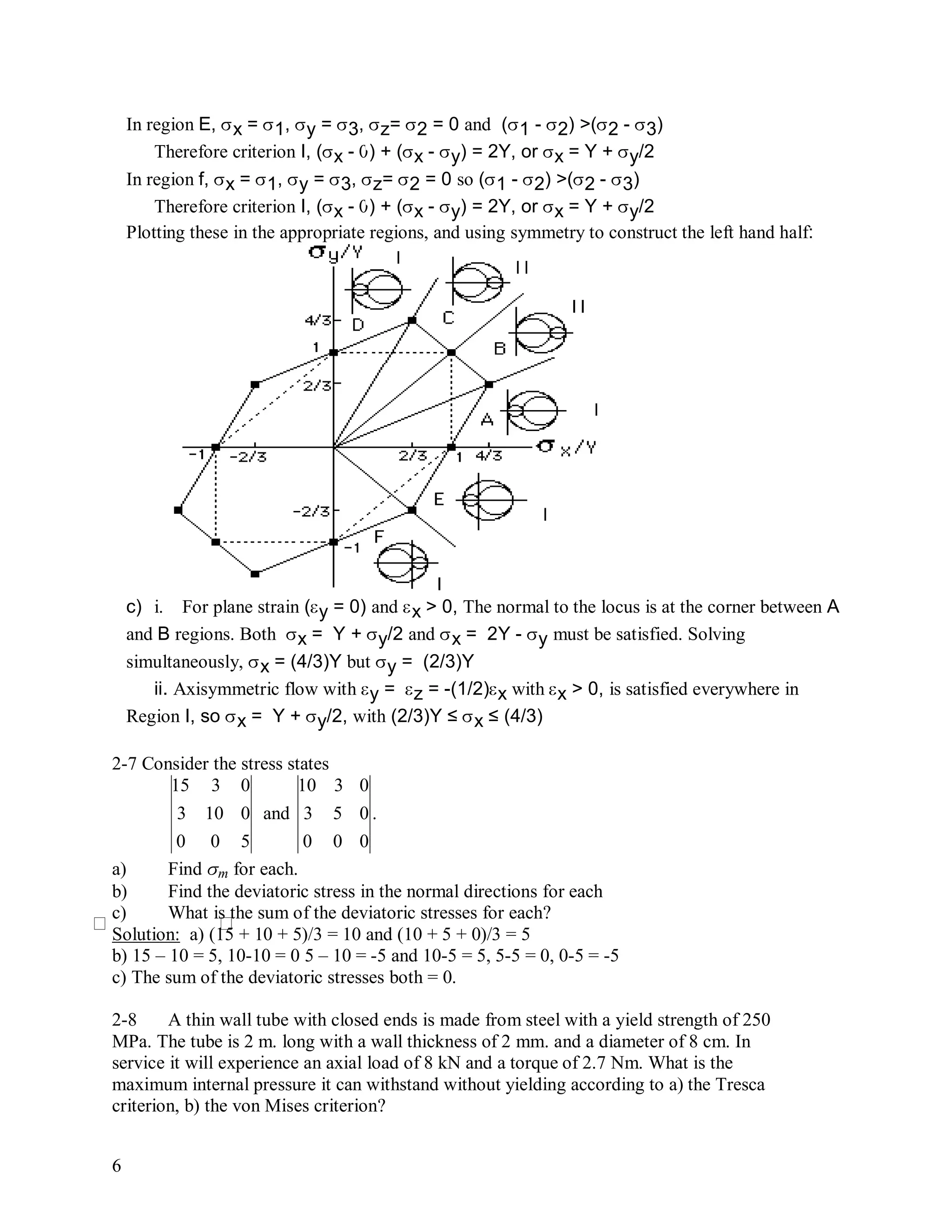 6
In region E, x = 1, y = 3, z= 2 = 0 and (1 - 2) >(2 - 3)
Therefore criterion I, (x - ) + (x - y) = 2Y, or x = Y + y/2
In region f, x = 1, y = 3, z= 2 = 0 so (1 - 2) >(2 - 3)
Therefore criterion I, (x - ) + (x - y) = 2Y, or x = Y + y/2
Plotting these in the appropriate regions, and using symmetry to construct the left hand half:
c) i. For plane strain (y = 0) and x > 0, The normal to the locus is at the corner between A
and B regions. Both x = Y + y/2 and x = 2Y - y must be satisfied. Solving
simultaneously, x = (4/3)Y but y = (2/3)Y
ii. Axisymmetric flow with y = z = -(1/2)x with x > 0, is satisfied everywhere in
Region I, so x = Y + y/2, with (2/3)Y ≤ x ≤ (4/3)
2-7 Consider the stress states

15 3 0
3 10 0
0 0 5
and

10 3 0
3 5 0
0 0 0
.
a) Find m for each.
b) Find the deviatoric stress in the normal directions for each
c) What is the sum of the deviatoric stresses for each?
Solution: a) (15 + 10 + 5)/3 = 10 and (10 + 5 + 0)/3 = 5
b) 15 – 10 = 5, 10-10 = 0 5 – 10 = -5 and 10-5 = 5, 5-5 = 0, 0-5 = -5
c) The sum of the deviatoric stresses both = 0.
2-8 A thin wall tube with closed ends is made from steel with a yield strength of 250
MPa. The tube is 2 m. long with a wall thickness of 2 mm. and a diameter of 8 cm. In
service it will experience an axial load of 8 kN and a torque of 2.7 Nm. What is the
maximum internal pressure it can withstand without yielding according to a) the Tresca
criterion, b) the von Mises criterion?
 