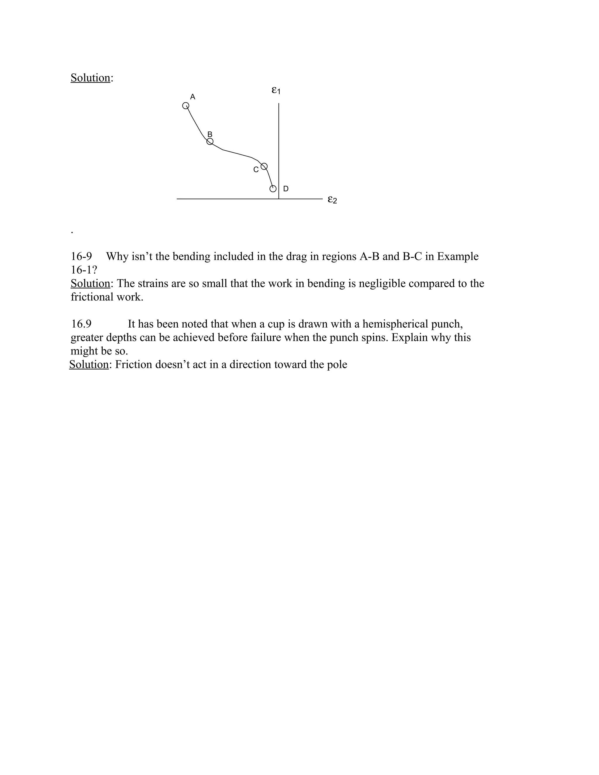 Solution:
D
C
B
A
ε1
ε2
.
16-9 Why isn’t the bending included in the drag in regions A-B and B-C in Example
16-1?
Solution: The strains are so small that the work in bending is negligible compared to the
frictional work.
16.9 It has been noted that when a cup is drawn with a hemispherical punch,
greater depths can be achieved before failure when the punch spins. Explain why this
might be so.
Solution: Friction doesn’t act in a direction toward the pole
 