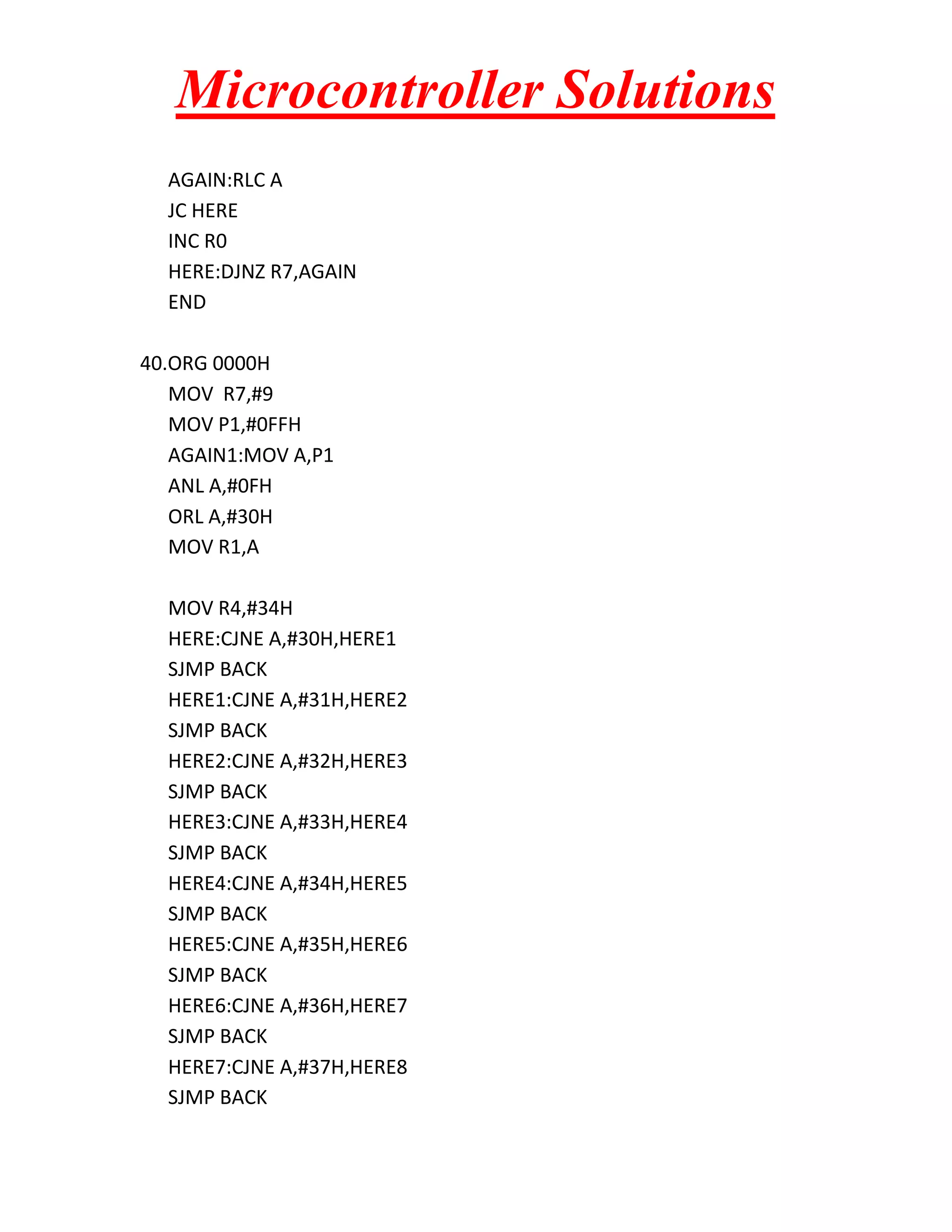 Microcontroller Solutions AGAIN:RLC A JC HERE INC R0 HERE:DJNZ R7,AGAIN END 40.ORG 0000H MOV R7,#9 MOV P1,#0FFH AGAIN1:MOV A,P1 ANL A,#0FH ORL A,#30H MOV R1,A MOV R4,#34H HERE:CJNE A,#30H,HERE1 SJMP BACK HERE1:CJNE A,#31H,HERE2 SJMP BACK HERE2:CJNE A,#32H,HERE3 SJMP BACK HERE3:CJNE A,#33H,HERE4 SJMP BACK HERE4:CJNE A,#34H,HERE5 SJMP BACK HERE5:CJNE A,#35H,HERE6 SJMP BACK HERE6:CJNE A,#36H,HERE7 SJMP BACK HERE7:CJNE A,#37H,HERE8 SJMP BACK 