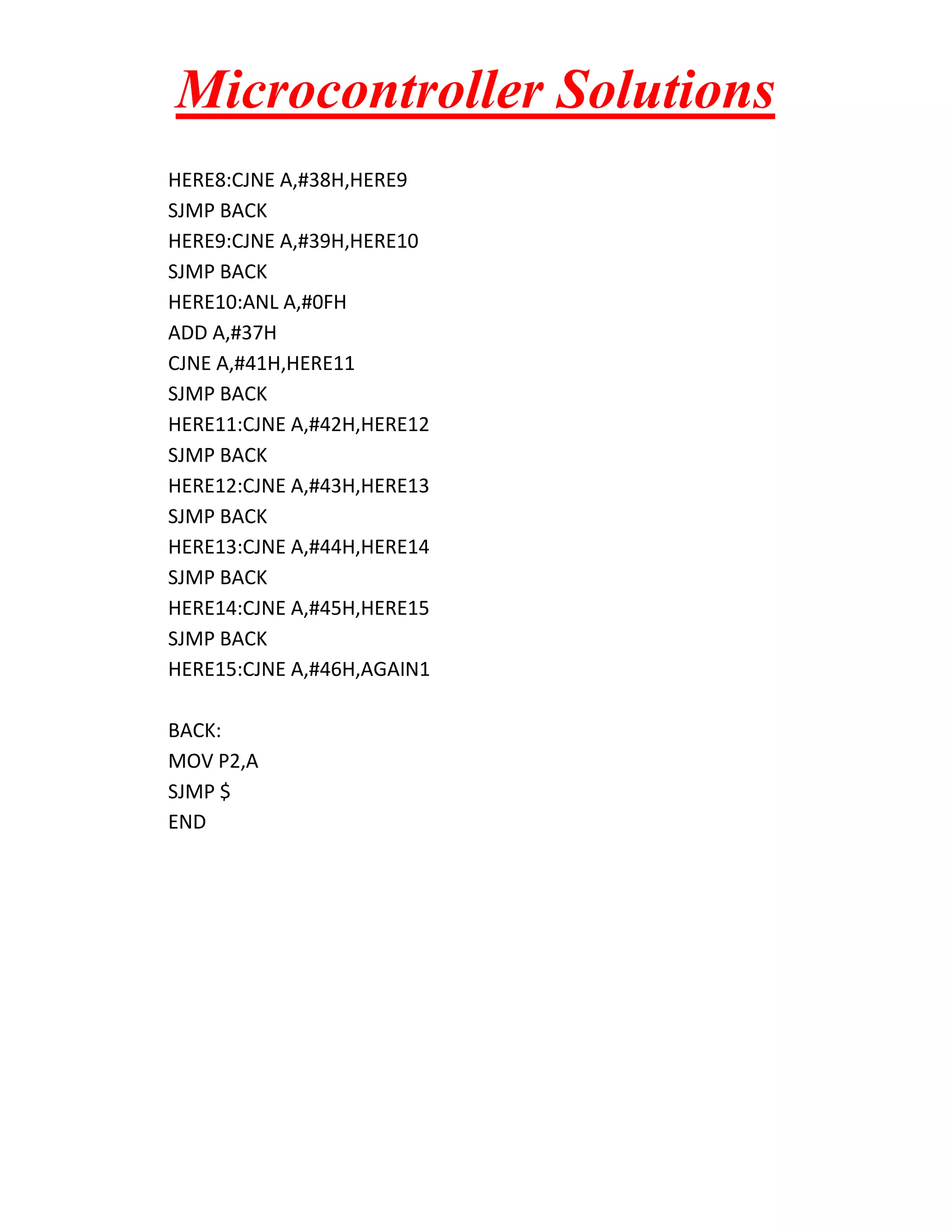 Microcontroller Solutions HERE8:CJNE A,#38H,HERE9 SJMP BACK HERE9:CJNE A,#39H,HERE10 SJMP BACK HERE10:ANL A,#0FH ADD A,#37H CJNE A,#41H,HERE11 SJMP BACK HERE11:CJNE A,#42H,HERE12 SJMP BACK HERE12:CJNE A,#43H,HERE13 SJMP BACK HERE13:CJNE A,#44H,HERE14 SJMP BACK HERE14:CJNE A,#45H,HERE15 SJMP BACK HERE15:CJNE A,#46H,AGAIN1 BACK: MOV P2,A SJMP $ END 