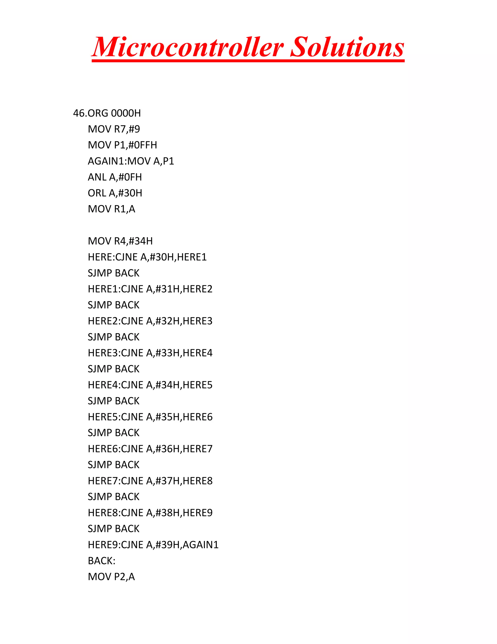 Microcontroller Solutions 46.ORG 0000H MOV R7,#9 MOV P1,#0FFH AGAIN1:MOV A,P1 ANL A,#0FH ORL A,#30H MOV R1,A MOV R4,#34H HERE:CJNE A,#30H,HERE1 SJMP BACK HERE1:CJNE A,#31H,HERE2 SJMP BACK HERE2:CJNE A,#32H,HERE3 SJMP BACK HERE3:CJNE A,#33H,HERE4 SJMP BACK HERE4:CJNE A,#34H,HERE5 SJMP BACK HERE5:CJNE A,#35H,HERE6 SJMP BACK HERE6:CJNE A,#36H,HERE7 SJMP BACK HERE7:CJNE A,#37H,HERE8 SJMP BACK HERE8:CJNE A,#38H,HERE9 SJMP BACK HERE9:CJNE A,#39H,AGAIN1 BACK: MOV P2,A 