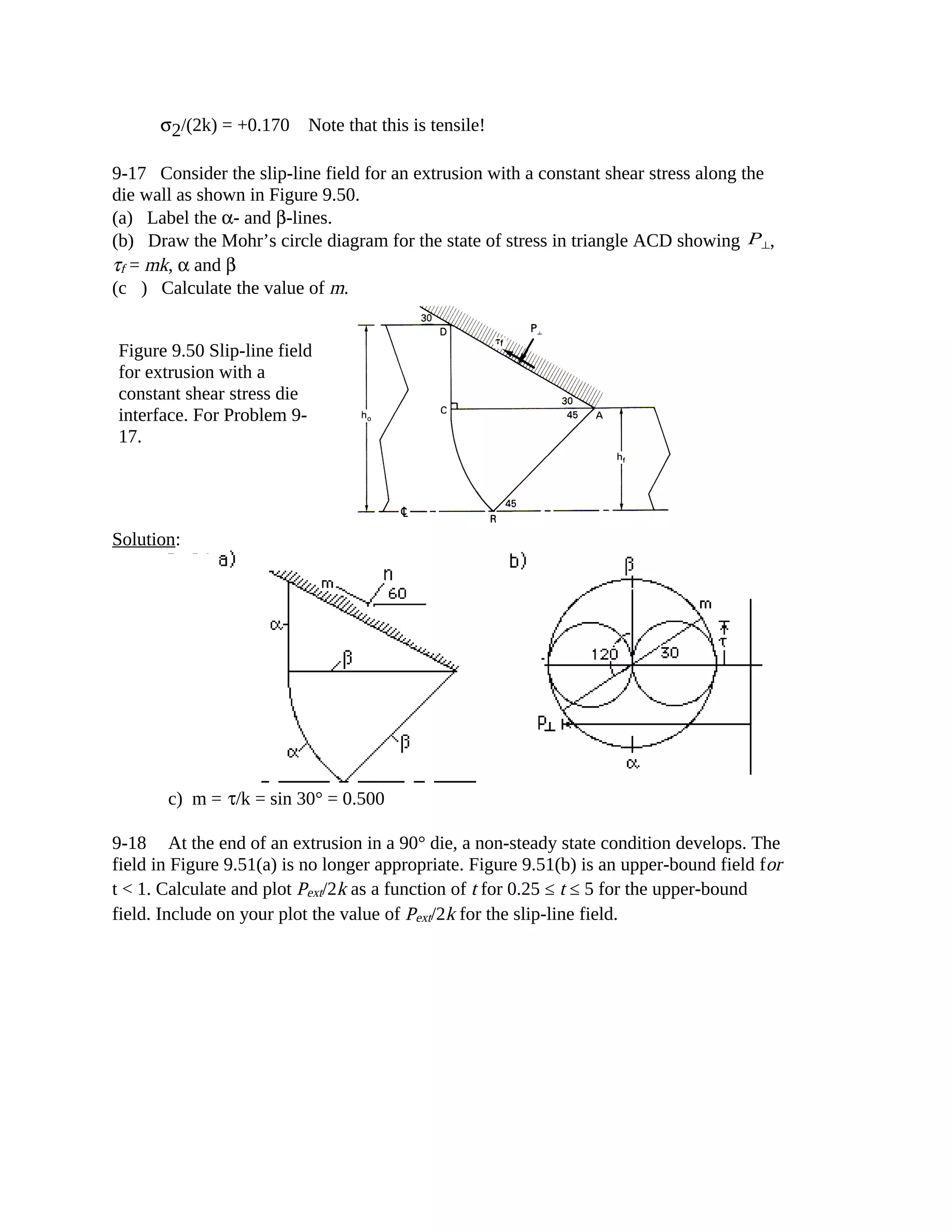 σ2/(2k) = +0.170 Note that this is tensile!
9-17 Consider the slip-line field for an extrusion with a constant shear stress along the
die wall as shown in Figure 9.50.
(a) Label the α- and β-lines.
(b) Draw the Mohr’s circle diagram for the state of stress in triangle ACD showing P⊥,
τf = mk, α and β
(c) Calculate the value of m.
Solution:
c) m = τ/k = sin 30° = 0.500
9-18 At the end of an extrusion in a 90° die, a non-steady state condition develops. The
field in Figure 9.51(a) is no longer appropriate. Figure 9.51(b) is an upper-bound field for
t < 1. Calculate and plot Pext/2k as a function of t for 0.25 ≤ t ≤ 5 for the upper-bound
field. Include on your plot the value of Pext/2k for the slip-line field.
Figure 9.50 Slip-line field
for extrusion with a
constant shear stress die
interface. For Problem 9-
17.
 