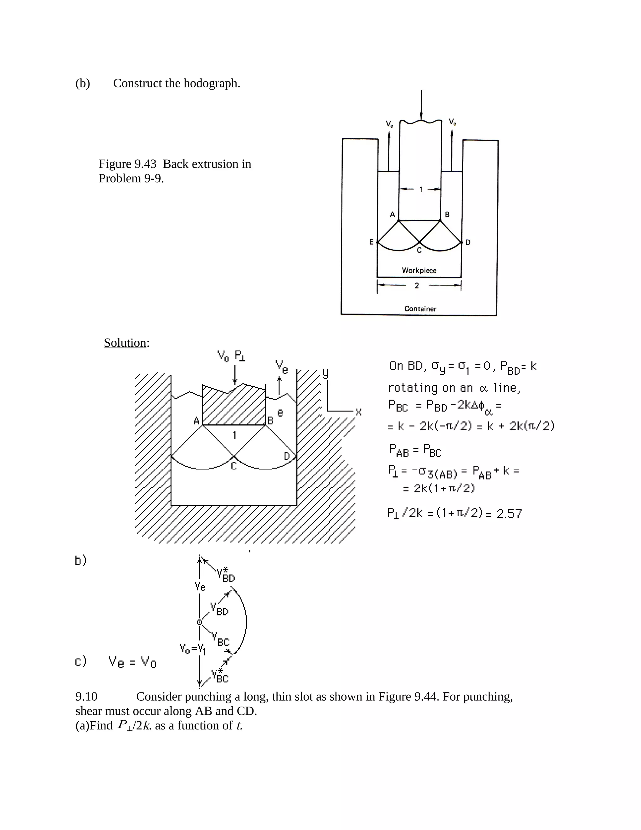(b) Construct the hodograph.
Solution:
9.10 Consider punching a long, thin slot as shown in Figure 9.44. For punching,
shear must occur along AB and CD.
(a)Find P⊥/2k. as a function of t.
Figure 9.43 Back extrusion in
Problem 9-9.
 