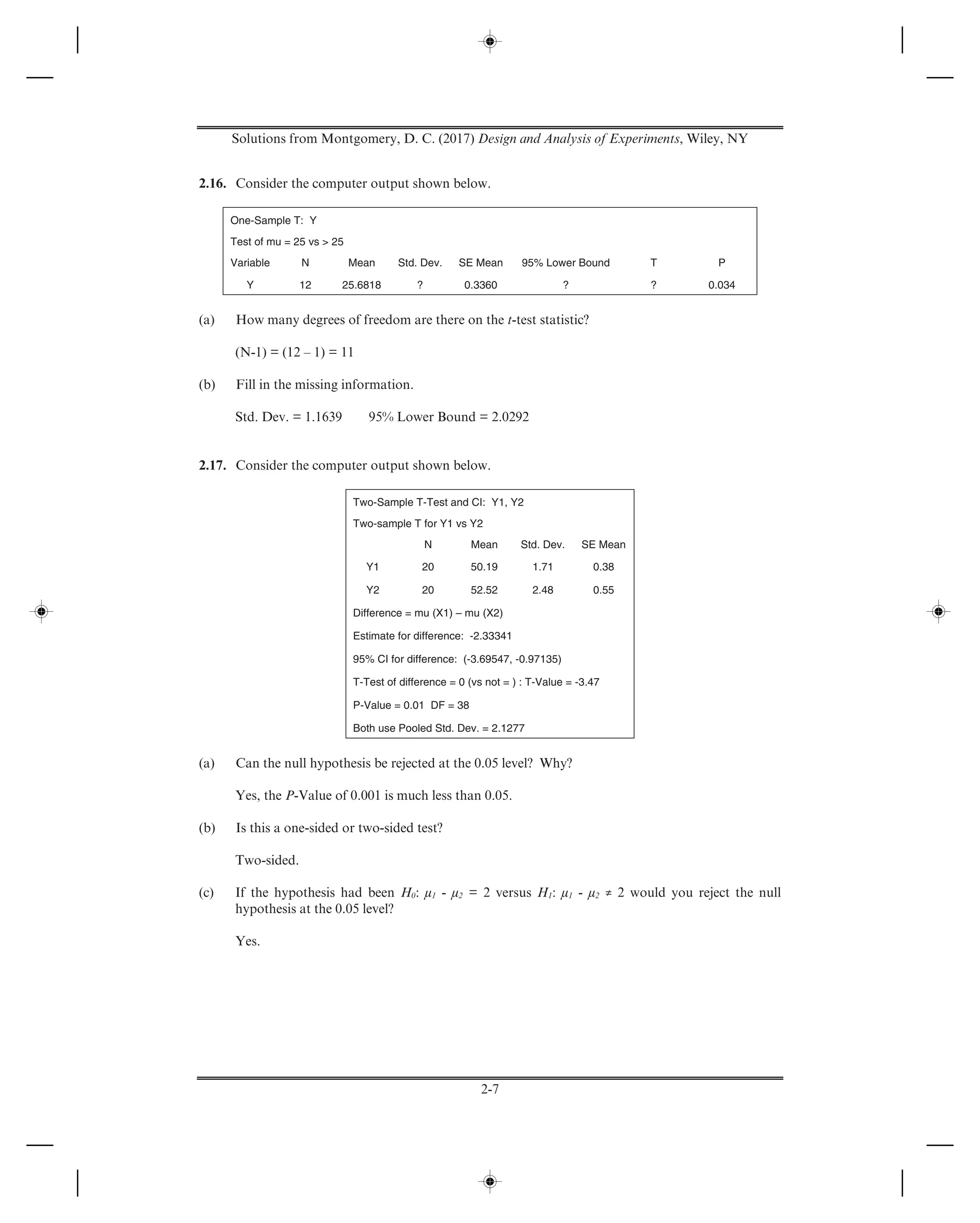 Solutions from Montgomery, D. C. (2017) Design and Analysis of Experiments, Wiley, NY
2-7
2.16. Consider the computer output shown below.
One-Sample T: Y
Test of mu = 25 vs > 25
Variable N Mean Std. Dev. SE Mean 95% Lower Bound T P
Y 12 25.6818 ? 0.3360 ? ? 0.034
(a) How many degrees of freedom are there on the t-test statistic?
(N-1) = (12 – 1) = 11
(b) Fill in the missing information.
Std. Dev. = 1.1639 95% Lower Bound = 2.0292
2.17. Consider the computer output shown below.
Two-Sample T-Test and CI: Y1, Y2
Two-sample T for Y1 vs Y2
N Mean Std. Dev. SE Mean
Y1 20 50.19 1.71 0.38
Y2 20 52.52 2.48 0.55
Difference = mu (X1) – mu (X2)
Estimate for difference: -2.33341
95% CI for difference: (-3.69547, -0.97135)
T-Test of difference = 0 (vs not = ) : T-Value = -3.47
P-Value = 0.01 DF = 38
Both use Pooled Std. Dev. = 2.1277
(a) Can the null hypothesis be rejected at the 0.05 level? Why?
Yes, the P-Value of 0.001 is much less than 0.05.
(b) Is this a one-sided or two-sided test?
Two-sided.
(c) If the hypothesis had been H0: μ1 - μ2 = 2 versus H1: μ1 - μ2 ≠ 2 would you reject the null
hypothesis at the 0.05 level?
Yes.
 