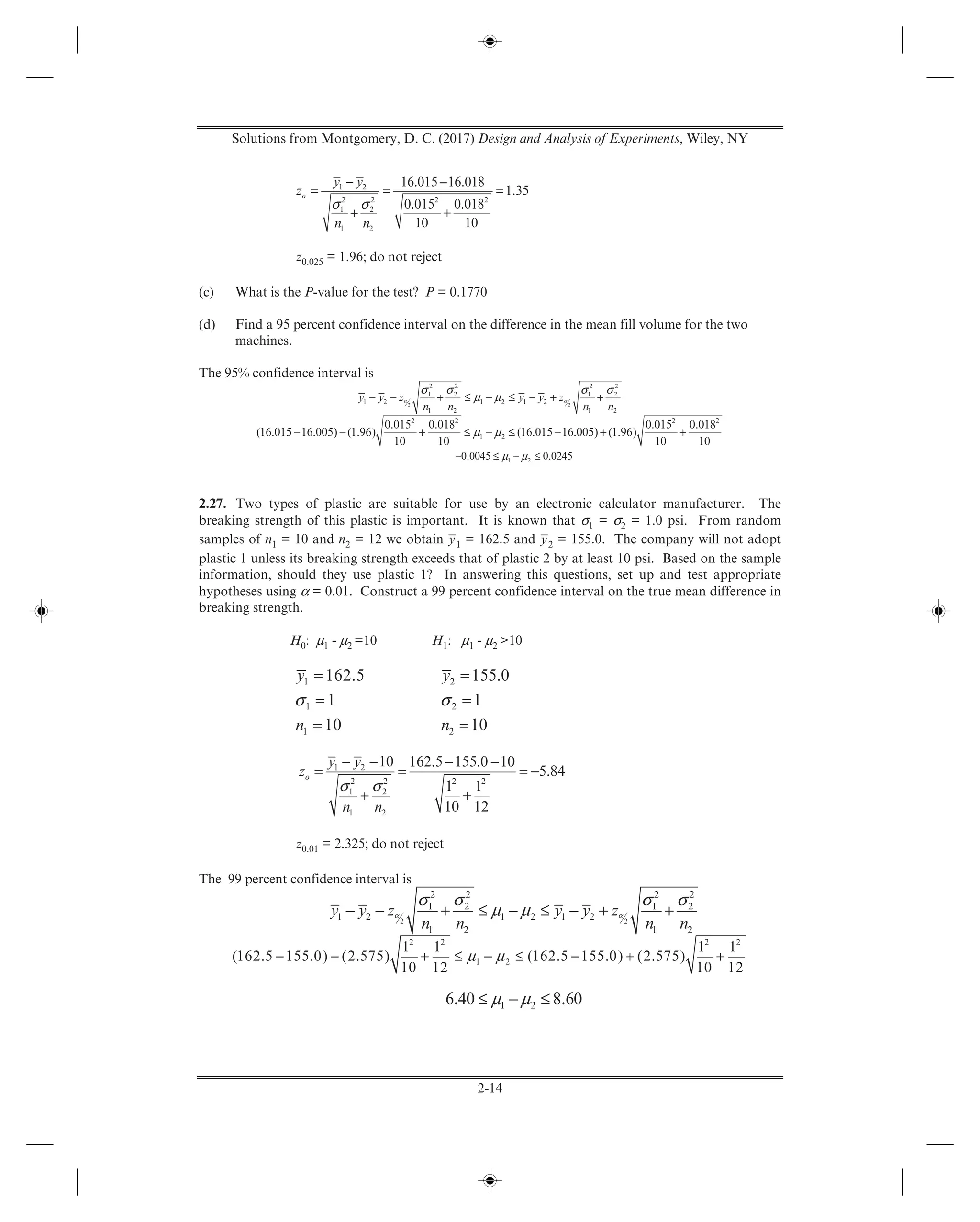 Solutions from Montgomery, D. C. (2017) Design and Analysis of Experiments, Wiley, NY
2-14
1 2
2 2 2 2
1 2
1 2
16.015 16.018
1.35
0.015 0.018
10 10
o
y y
z
n n
σ σ
− −
= = =
++
z0.025 = 1.96; do not reject
(c) What is the P-value for the test? P = 0.1770
(d) Find a 95 percent confidence interval on the difference in the mean fill volume for the two
machines.
The 95% confidence interval is
2 2
2 2 2 2
1 2 1 2
1 2 1 2 1 2
1 2 1 2
y y z y y z
n n n n
α α
σ σ σ σ
μ μ− − + ≤ − ≤ − + +
2 2 2 2
1 2
0.015 0.018 0.015 0.018
(16.015 16.005) (1.96) (16.015 16.005) (1.96)
10 10 10 10
μ μ− − + ≤ − ≤ − + +
1 20.0045 0.0245μ μ− ≤ − ≤
2.27. Two types of plastic are suitable for use by an electronic calculator manufacturer. The
breaking strength of this plastic is important. It is known that σ1 = σ2 = 1.0 psi. From random
samples of n1 = 10 and n2 = 12 we obtain y1 = 162.5 and y2 = 155.0. The company will not adopt
plastic 1 unless its breaking strength exceeds that of plastic 2 by at least 10 psi. Based on the sample
information, should they use plastic 1? In answering this questions, set up and test appropriate
hypotheses using α = 0.01. Construct a 99 percent confidence interval on the true mean difference in
breaking strength.
H0: μ1 - μ2 =10 H1: μ1 - μ2 >10
1
1
1
162.5
1
10
y
n
σ
=
=
=
2
2
2
155.0
1
10
y
n
σ
=
=
=
σ σ
− − − −
= = = −
++
1 2
2 2 2 2
1 2
1 2
10 162.5 155.0 10
5.84
1 1
10 12
o
y y
z
n n
z0.01 = 2.325; do not reject
The 99 percent confidence interval is
2 2
2 2 2 2
1 2 1 2
1 2 1 2 1 2
1 2 1 2
y y z y y z
n n n n
α α
σ σ σ σ
μ μ− − + ≤ − ≤ − + +
2 2 2 2
1 2
1 1 1 1
(162.5 155.0) (2.575) (162.5 155.0) (2.575)
10 12 10 12
μ μ− − + ≤ − ≤ − + +
1 26.40 8.60μ μ≤ − ≤
 