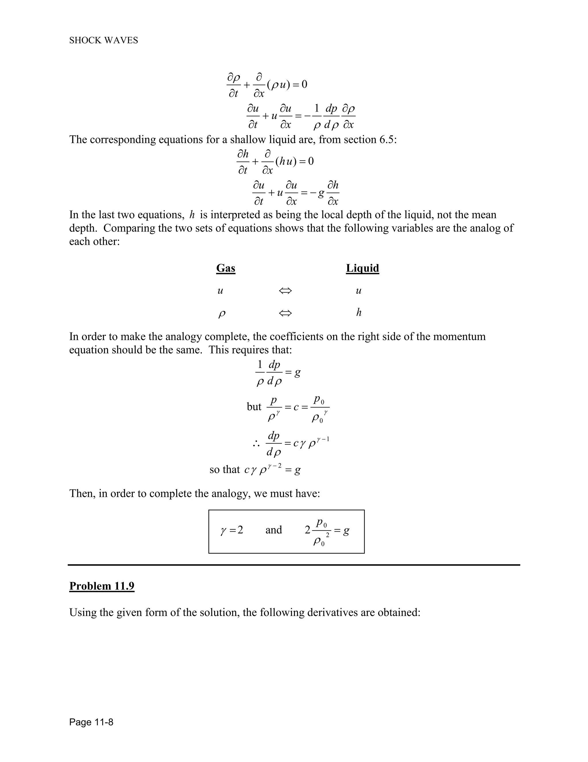 SHOCK WAVES
Page 11-8
( ) 0
1
u
t x
u u dp
u
t x d x
The corresponding equations for a shallow liquid are, from section 6.5:
( ) 0
h
hu
t x
u u h
u g
t x x
In the last two equations, h is interpreted as being the local depth of the liquid, not the mean
depth. Comparing the two sets of equations shows that the following variables are the analog of
each other:
Gas Liquid
u u
h
In order to make the analogy complete, the coefficients on the right side of the momentum
equation should be the same. This requires that:
0
0
1
1
but
dp
g
d
pp
c
dp
c
d
so that 2
c g
Then, in order to complete the analogy, we must have:
0
2
0
2 and 2
p
g
Problem 11.9
Using the given form of the solution, the following derivatives are obtained:
 