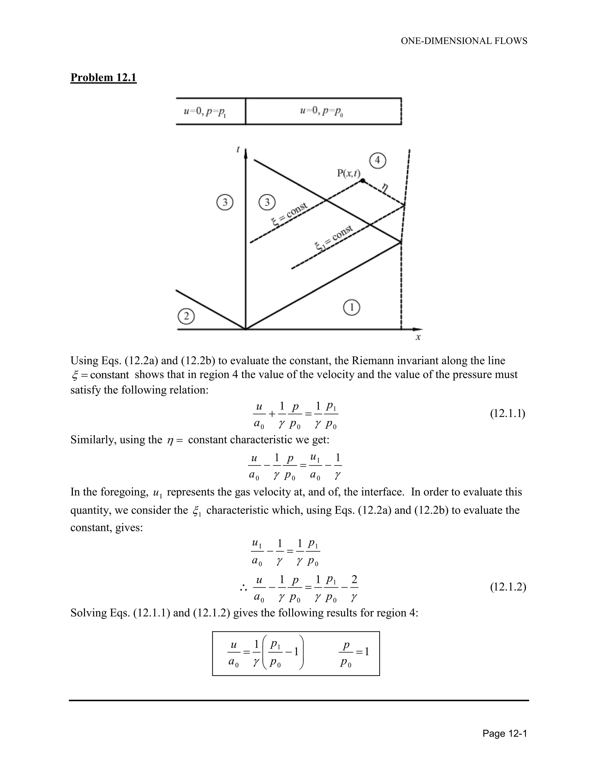ONE-DIMENSIONAL FLOWS
Page 12-1
Problem 12.1
Using Eqs. (12.2a) and (12.2b) to evaluate the constant, the Riemann invariant along the line
constant  shows that in region 4 the value of the velocity and the value of the pressure must
satisfy the following relation:
1
0 0 0
1 1
(12.1.1)
pu p
a p p 
 
Similarly, using the   constant characteristic we get:
I
0 0 0
1 1uu p
a p a 
  
In the foregoing, Iu represents the gas velocity at, and of, the interface. In order to evaluate this
quantity, we consider the 1 characteristic which, using Eqs. (12.2a) and (12.2b) to evaluate the
constant, gives:
I 1
0 0
1 1u p
a p 
 
1
0 0 0
1 1 2
(12.1.2)
pu p
a p p  
  
Solving Eqs. (12.1.1) and (12.1.2) gives the following results for region 4:
1
0 0 0
1
1 1
pu p
a p p
 
    
 
 