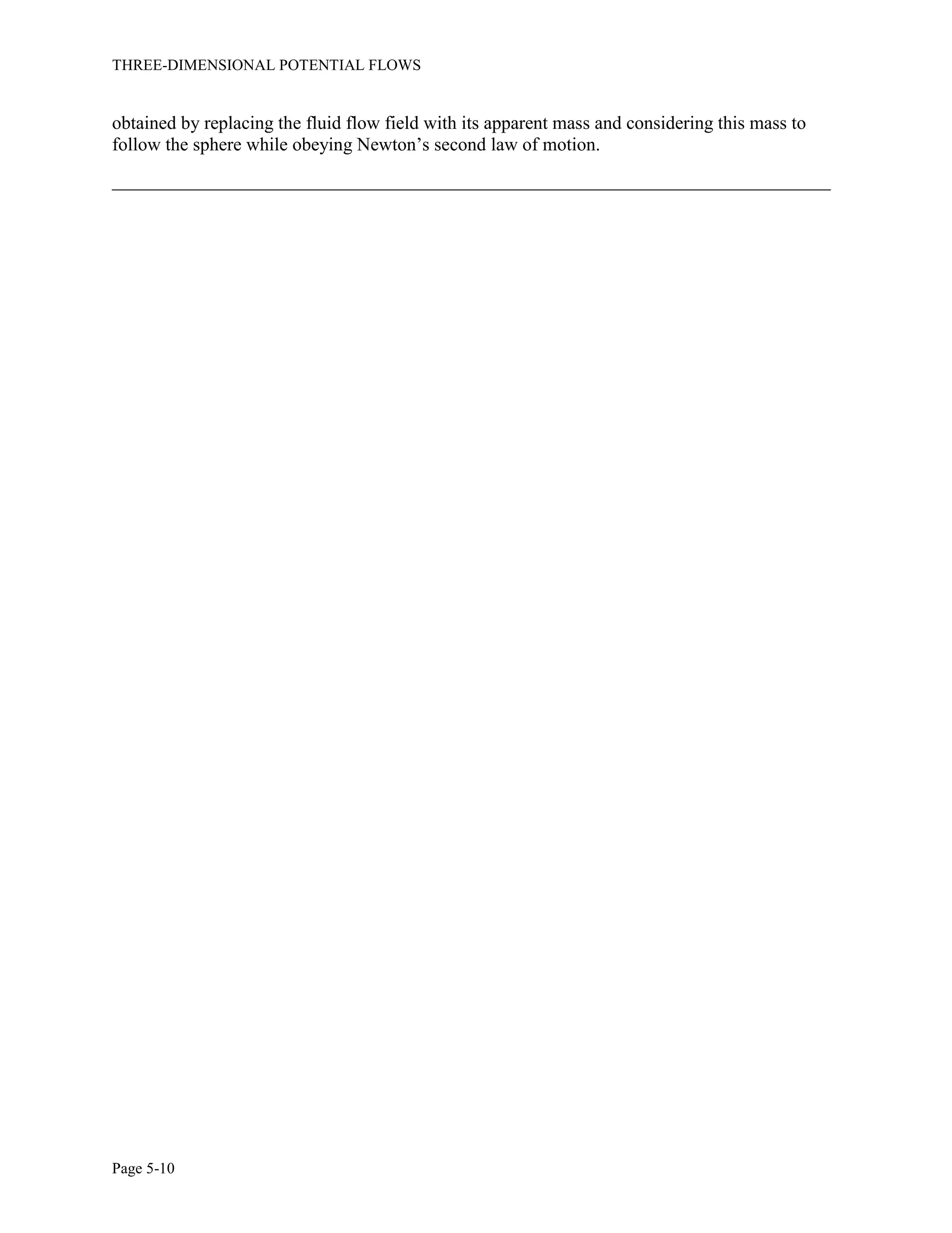 THREE-DIMENSIONAL POTENTIAL FLOWS
Page 5-10
obtained by replacing the fluid flow field with its apparent mass and considering this mass to
follow the sphere while obeying Newton’s second law of motion.
_____________________________________________________________________________
 