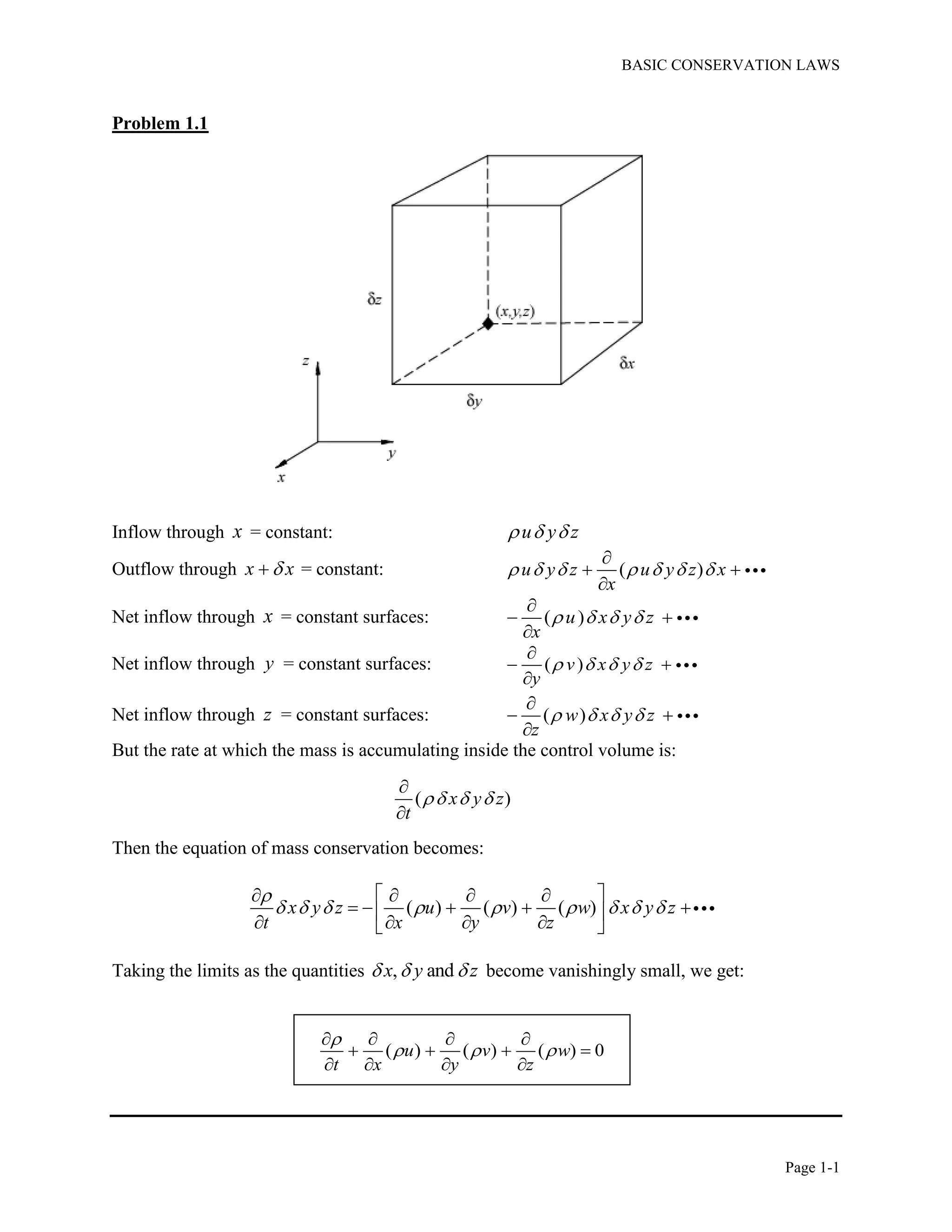 BASIC CONSERVATION LAWS
Page 1-1
Problem 1.1
Inflow through x = constant: u y z  
Outflow through x x = constant: ( )u y z u y z x
x
      

 

Net inflow through x = constant surfaces: ( )u x y z
x
   

 

Net inflow through y = constant surfaces: ( )v x y z
y
   

 

Net inflow through z = constant surfaces: ( )w x y z
z
   

 

But the rate at which the mass is accumulating inside the control volume is:
( )x y z
t
  


Then the equation of mass conservation becomes:
( ) ( ) ( )x y z u v w x y z
t x y z

        
    
         
Taking the limits as the quantities , andx y z   become vanishingly small, we get:
( ) ( ) ( ) 0u v w
t x y z

  
   
   
   
 
