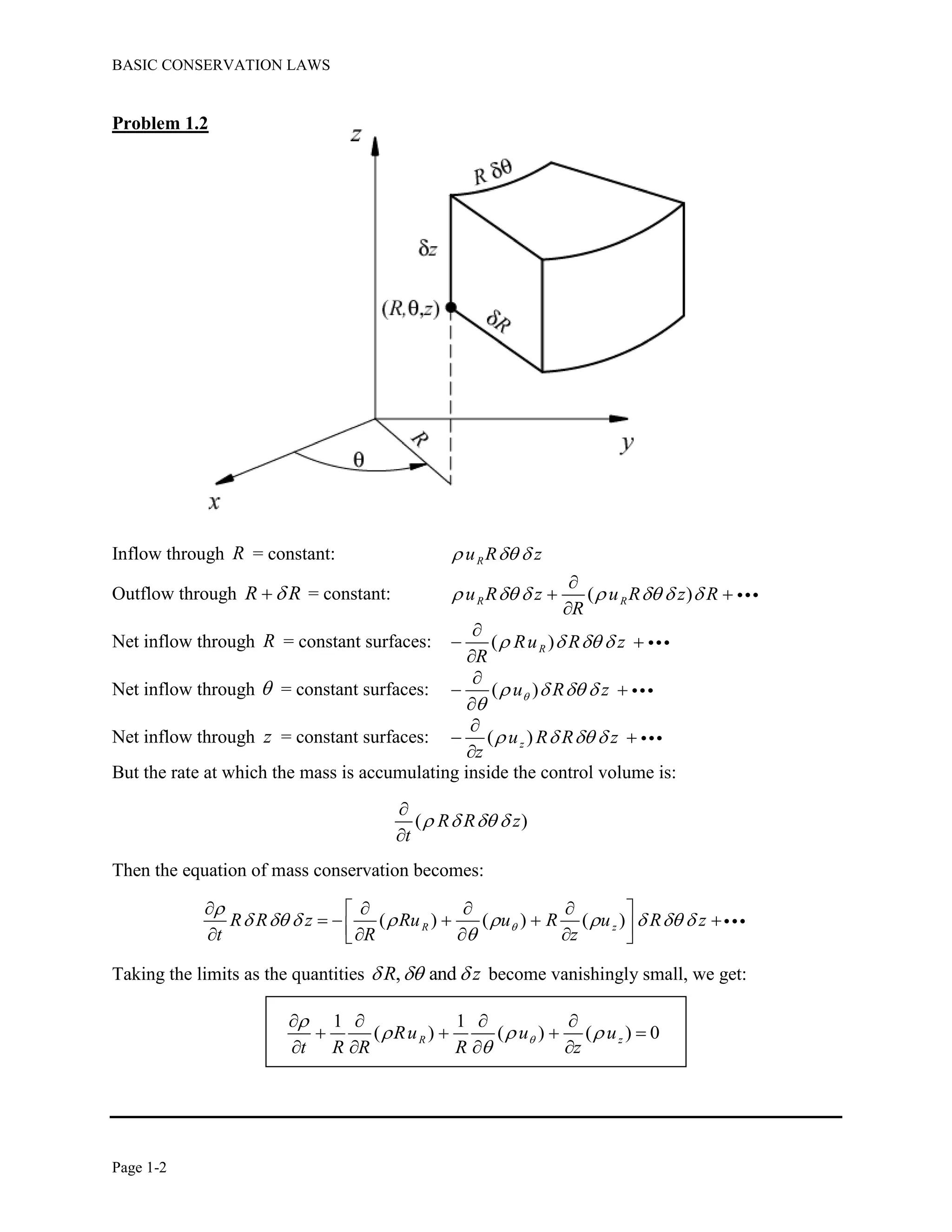 BASIC CONSERVATION LAWS
Page 1-2
Problem 1.2
Inflow through R = constant: Ru R z  
Outflow through R R = constant: ( )R Ru R z u R z R
R
      

 

Net inflow through R = constant surfaces: ( )RRu R z
R
   

 

Net inflow through  = constant surfaces: ( )u R z   


 

Net inflow through z = constant surfaces: ( )zu R R z
z
   

 

But the rate at which the mass is accumulating inside the control volume is:
( )R R z
t
   


Then the equation of mass conservation becomes:
( ) ( ) ( )R zR R z Ru u R u R z
t R z


        

    
         
Taking the limits as the quantities , andR z   become vanishingly small, we get:
1 1
( ) ( ) ( ) 0R zRu u u
t R R R z


  

   
   
   
 
