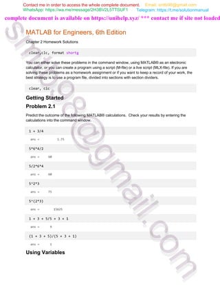 Answers to Problems for MATLAB for Engineers, 6th Edition by Moore | PDF