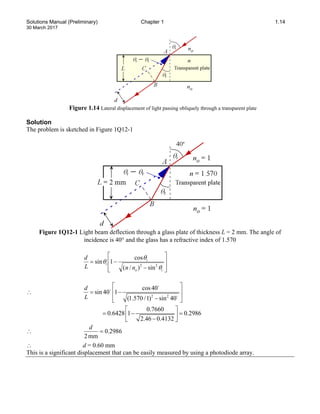 Solutions Manual (Preliminary) Chapter 1 1.14
30 March 2017
Figure 1.14 Lateral displacement of light passing obliquely through a transparent plate
Solution
The problem is sketched in Figure 1Q12-1
Figure 1Q12-1 Light beam deflection through a glass plate of thickness L = 2 mm. The angle of
incidence is 40° and the glass has a refractive index of 1.570








−
−
=
i
o
i
i
n
n
L
d
θ
θ
θ 2
2
sin
)
/
(
cos
1
sin
∴
2 2
cos40
sin 40 1
(1.570 /1) sin 40
d
L
 
= −
 
 − 
 



0.7660
0.6428 1 0.2986
2.46 0.4132
 
= − =
 
−
 
∴ 2986
.
0
mm
2
=
d
∴ d = 0.60 mm
This is a significant displacement that can be easily measured by using a photodiode array.
 