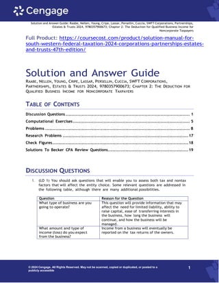 Solution and Answer Guide: Raabe, Nellen, Young, Cripe, Lassar, Persellin, Cuccia, SWFT Corporations, Partnerships,
Estates & Trusts 2024, 9780357900673; Chapter 2: The Deduction for Qualified Business Income for
Noncorporate Taxpayers
1
© 2024 Cengage. All Rights Reserved. May not be scanned, copied or duplicated, or posted to a
publicly accessible
website, in whole or in part.
Full Product: https://coursecost.com/product/solution-manual-for-
south-western-federal-taxation-2024-corporations-partnerships-estates-
and-trusts-47th-edition/
Solution and Answer Guide
RAABE, NELLEN, YOUNG, CRIPE, LASSAR, PERSELLIN, CUCCIA, SWFT CORPORATIONS,
PARTNERSHIPS, ESTATES & TRUSTS 2024, 9780357900673; CHAPTER 2: THE DEDUCTION FOR
QUALIFIED BUSINESS INCOME FOR NONCORPORATE TAXPAYERS
TABLE OF CONTENTS
Discussion Questions ..................................................................................... 1
Computational Exercises................................................................................ 5
Problems ................................................................................................... 8
Research Problems ......................................................................................17
Check Figures.............................................................................................18
Solutions To Becker CPA Review Questions.......................................................19
DISCUSSION QUESTIONS
1. (LO 1) You should ask questions that will enable you to assess both tax and nontax
factors that will affect the entity choice. Some relevant questions are addressed in
the following table, although there are many additional possibilities.
Question Reason for the Question
What type of business are you
going to operate?
This question will provide information that may
affect the need for limited liability, ability to
raise capital, ease of transferring interests in
the business, how long the business will
continue, and how the business will be
managed.
What amount and type of
income (loss) do you expect
from the business?
Income from a business will eventually be
reported on the tax returns of the owners.
 