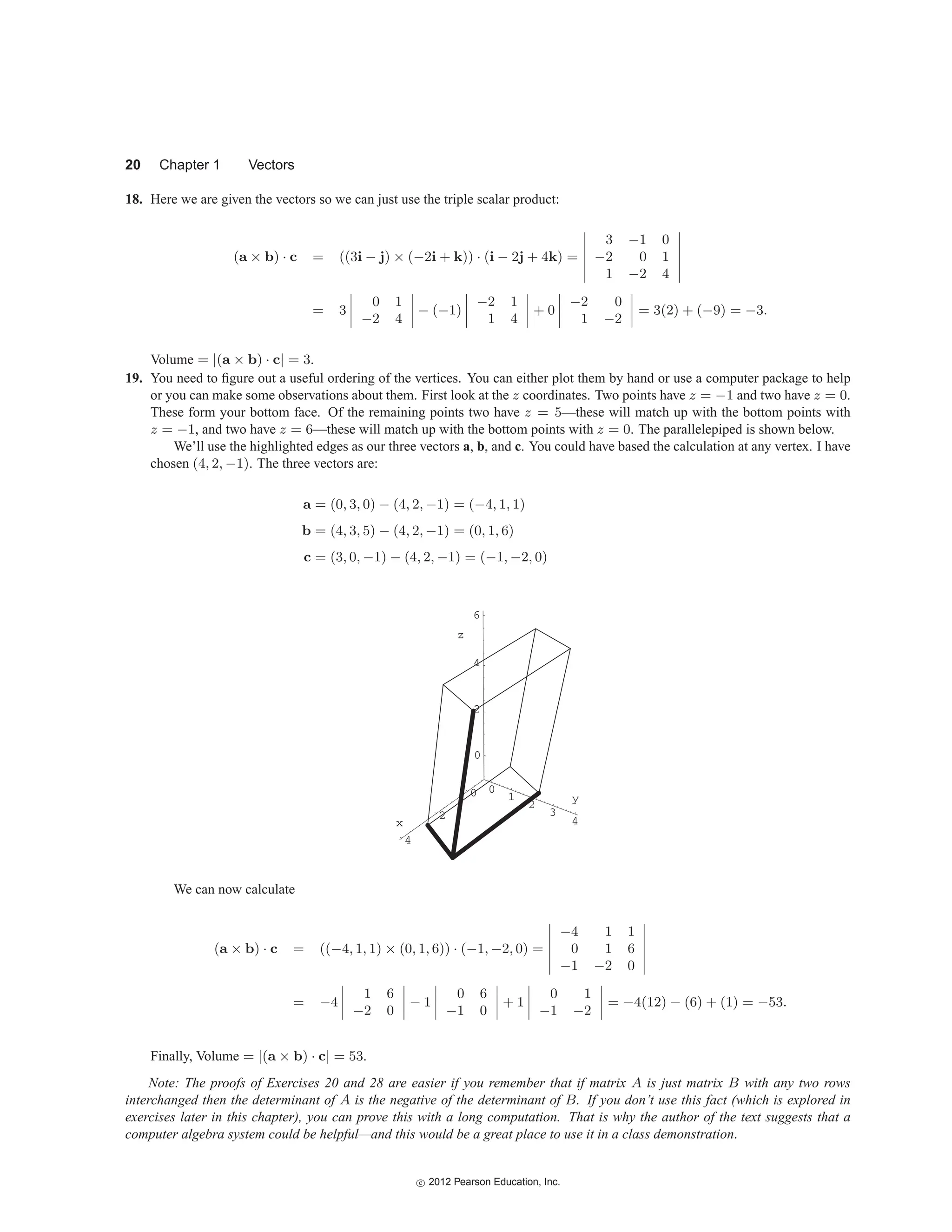 20 Chapter 1 Vectors
18. Here we are given the vectors so we can just use the triple scalar product:
(a × b) · c = ((3i − j) × (−2i + k)) · (i − 2j + 4k) =






3 −1 0
−2 0 1
1 −2 4






= 3




0 1
−2 4



 − (−1)




−2 1
1 4



 + 0




−2 0
1 −2



 = 3(2) + (−9) = −3.
Volume = |(a × b) · c| = 3.
19. You need to figure out a useful ordering of the vertices. You can either plot them by hand or use a computer package to help
or you can make some observations about them. First look at the z coordinates. Two points have z = −1 and two have z = 0.
These form your bottom face. Of the remaining points two have z = 5—these will match up with the bottom points with
z = −1, and two have z = 6—these will match up with the bottom points with z = 0. The parallelepiped is shown below.
We’ll use the highlighted edges as our three vectors a, b, and c. You could have based the calculation at any vertex. I have
chosen (4, 2, −1). The three vectors are:
a = (0, 3, 0) − (4, 2, −1) = (−4, 1, 1)
b = (4, 3, 5) − (4, 2, −1) = (0, 1, 6)
c = (3, 0, −1) − (4, 2, −1) = (−1, −2, 0)
0
2
4
0
1
2
3
4
0
2
4
6
z
x
y
We can now calculate
(a × b) · c = ((−4, 1, 1) × (0, 1, 6)) · (−1, −2, 0) =






−4 1 1
0 1 6
−1 −2 0






= −4




1 6
−2 0



 − 1




0 6
−1 0



 + 1




0 1
−1 −2



 = −4(12) − (6) + (1) = −53.
Finally, Volume = |(a × b) · c| = 53.
Note: The proofs of Exercises 20 and 28 are easier if you remember that if matrix A is just matrix B with any two rows
interchanged then the determinant of A is the negative of the determinant of B. If you don’t use this fact (which is explored in
exercises later in this chapter), you can prove this with a long computation. That is why the author of the text suggests that a
computer algebra system could be helpful—and this would be a great place to use it in a class demonstration.
c
 2012 Pearson Education, Inc.
 