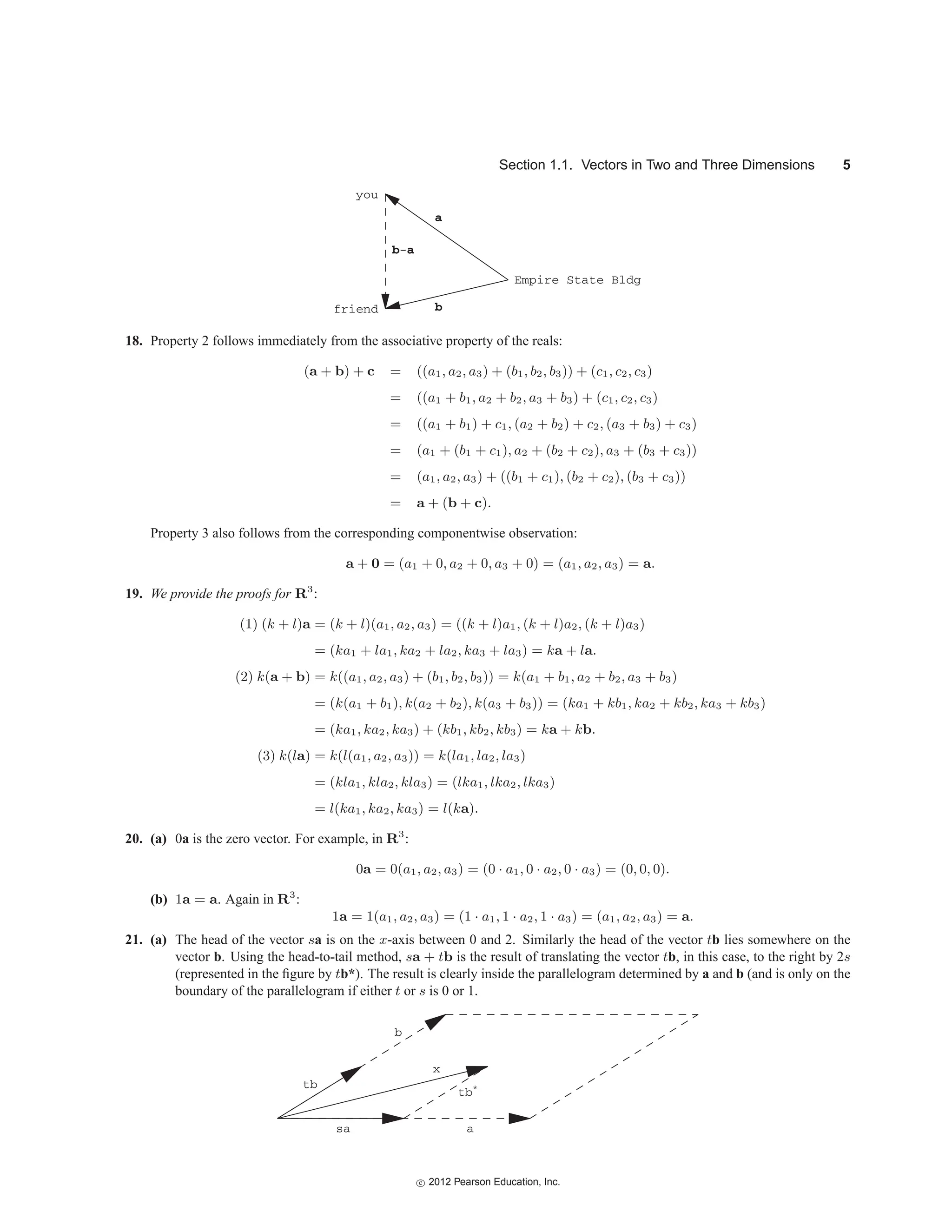 Section 1.1. Vectors in Two and Three Dimensions 5
a
b
b-a
you
friend
Empire State Bldg
18. Property 2 follows immediately from the associative property of the reals:
(a + b) + c = ((a1, a2, a3) + (b1, b2, b3)) + (c1, c2, c3)
= ((a1 + b1, a2 + b2, a3 + b3) + (c1, c2, c3)
= ((a1 + b1) + c1, (a2 + b2) + c2, (a3 + b3) + c3)
= (a1 + (b1 + c1), a2 + (b2 + c2), a3 + (b3 + c3))
= (a1, a2, a3) + ((b1 + c1), (b2 + c2), (b3 + c3))
= a + (b + c).
Property 3 also follows from the corresponding componentwise observation:
a + 0 = (a1 + 0, a2 + 0, a3 + 0) = (a1, a2, a3) = a.
19. We provide the proofs for R3
:
(1) (k + l)a = (k + l)(a1, a2, a3) = ((k + l)a1, (k + l)a2, (k + l)a3)
= (ka1 + la1, ka2 + la2, ka3 + la3) = ka + la.
(2) k(a + b) = k((a1, a2, a3) + (b1, b2, b3)) = k(a1 + b1, a2 + b2, a3 + b3)
= (k(a1 + b1), k(a2 + b2), k(a3 + b3)) = (ka1 + kb1, ka2 + kb2, ka3 + kb3)
= (ka1, ka2, ka3) + (kb1, kb2, kb3) = ka + kb.
(3) k(la) = k(l(a1, a2, a3)) = k(la1, la2, la3)
= (kla1, kla2, kla3) = (lka1, lka2, lka3)
= l(ka1, ka2, ka3) = l(ka).
20. (a) 0a is the zero vector. For example, in R3
:
0a = 0(a1, a2, a3) = (0 · a1, 0 · a2, 0 · a3) = (0, 0, 0).
(b) 1a = a. Again in R3
:
1a = 1(a1, a2, a3) = (1 · a1, 1 · a2, 1 · a3) = (a1, a2, a3) = a.
21. (a) The head of the vector sa is on the x-axis between 0 and 2. Similarly the head of the vector tb lies somewhere on the
vector b. Using the head-to-tail method, sa + tb is the result of translating the vector tb, in this case, to the right by 2s
(represented in the figure by tb*). The result is clearly inside the parallelogram determined by a and b (and is only on the
boundary of the parallelogram if either t or s is 0 or 1.
sa
tb
b
a
tb*
x
c
 2012 Pearson Education, Inc.
 