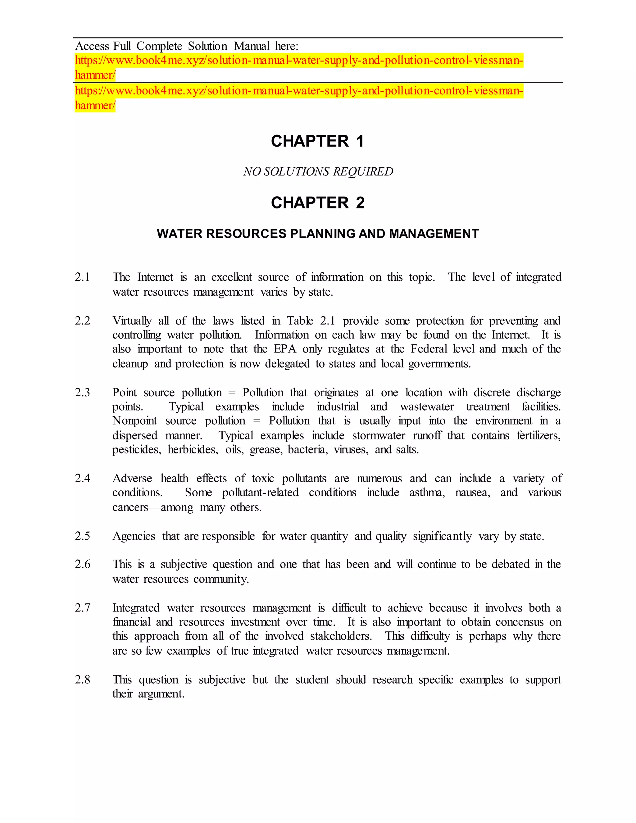 Water Problem Solving Guide Solution Manual for Water Supply and Pollution Control – Warren ...
