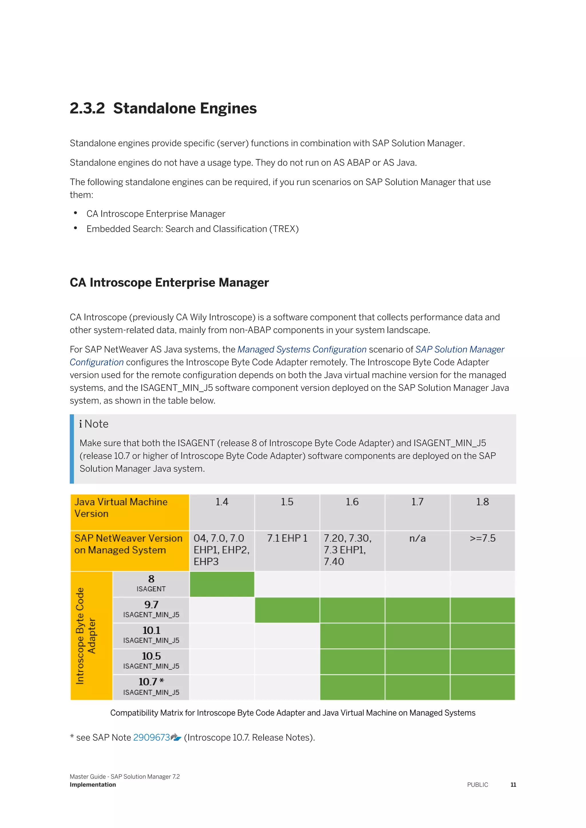 2.3.2 Standalone Engines
Standalone engines provide specific (server) functions in combination with SAP Solution Manager.
Standalone engines do not have a usage type. They do not run on AS ABAP or AS Java.
The following standalone engines can be required, if you run scenarios on SAP Solution Manager that use
them:
• CA Introscope Enterprise Manager
• Embedded Search: Search and Classification (TREX)
CA Introscope Enterprise Manager
CA Introscope (previously CA Wily Introscope) is a software component that collects performance data and
other system-related data, mainly from non-ABAP components in your system landscape.
For SAP NetWeaver AS Java systems, the Managed Systems Configuration scenario of SAP Solution Manager
Configuration configures the Introscope Byte Code Adapter remotely. The Introscope Byte Code Adapter
version used for the remote configuration depends on both the Java virtual machine version for the managed
systems, and the ISAGENT_MIN_J5 software component version deployed on the SAP Solution Manager Java
system, as shown in the table below.
 Note
Make sure that both the ISAGENT (release 8 of Introscope Byte Code Adapter) and ISAGENT_MIN_J5
(release 10.7 or higher of Introscope Byte Code Adapter) software components are deployed on the SAP
Solution Manager Java system.
Compatibility Matrix for Introscope Byte Code Adapter and Java Virtual Machine on Managed Systems
* see SAP Note 2909673 (Introscope 10.7. Release Notes).
Master Guide - SAP Solution Manager 7.2
Implementation PUBLIC 11
 