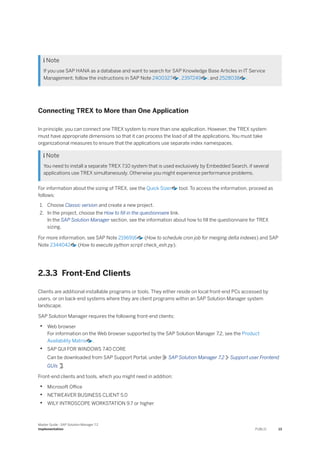  Note
If you use SAP HANA as a database and want to search for SAP Knowledge Base Articles in IT Service
Management, follow the instructions in SAP Note 2400327 , 2397249 , and 2528038 .
Connecting TREX to More than One Application
In principle, you can connect one TREX system to more than one application. However, the TREX system
must have appropriate dimensions so that it can process the load of all the applications. You must take
organizational measures to ensure that the applications use separate index namespaces.
 Note
You need to install a separate TREX 7.10 system that is used exclusively by Embedded Search, if several
applications use TREX simultaneously. Otherwise you might experience performance problems.
For information about the sizing of TREX, see the Quick Sizer tool. To access the information, proceed as
follows:
1. Choose Classic version and create a new project.
2. In the project, choose the How to fill in the questionnaire link.
In the SAP Solution Manager section, see the information about how to fill the questionnaire for TREX
sizing.
For more information, see SAP Note 2196916 (How to schedule cron job for merging delta indexes) and SAP
Note 2344042 (How to execute python script check_esh.py).
2.3.3 Front-End Clients
Clients are additional installable programs or tools. They either reside on local front-end PCs accessed by
users, or on back-end systems where they are client programs within an SAP Solution Manager system
landscape.
SAP Solution Manager requires the following front-end clients:
• Web browser
For information on the Web browser supported by the SAP Solution Manager 7.2, see the Product
Availability Matrix .
• SAP GUI FOR WINDOWS 7.40 CORE
Can be downloaded from SAP Support Portal, under SAP Solution Manager 7.2 Support user Frontend
GUIs .
Front-end clients and tools, which you might need in addition:
• Microsoft Office
• NETWEAVER BUSINESS CLIENT 5.0
• WILY INTROSCOPE WORKSTATION 9.7 or higher
Master Guide - SAP Solution Manager 7.2
Implementation PUBLIC 13
 
