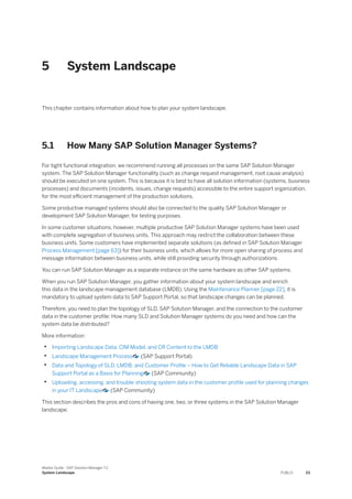 5 System Landscape
This chapter contains information about how to plan your system landscape.
5.1 How Many SAP Solution Manager Systems?
For tight functional integration, we recommend running all processes on the same SAP Solution Manager
system. The SAP Solution Manager functionality (such as change request management, root cause analysis)
should be executed on one system. This is because it is best to have all solution information (systems, business
processes) and documents (incidents, issues, change requests) accessible to the entire support organization,
for the most efficient management of the production solutions.
Some productive managed systems should also be connected to the quality SAP Solution Manager or
development SAP Solution Manager, for testing purposes.
In some customer situations, however, multiple productive SAP Solution Manager systems have been used
with complete segregation of business units. This approach may restrict the collaboration between these
business units. Some customers have implemented separate solutions (as defined in SAP Solution Manager
Process Management [page 63]) for their business units, which allows for more open sharing of process and
message information between business units, while still providing security through authorizations.
You can run SAP Solution Manager as a separate instance on the same hardware as other SAP systems.
When you run SAP Solution Manager, you gather information about your system landscape and enrich
this data in the landscape management database (LMDB). Using the Maintenance Planner [page 22], it is
mandatory to upload system data to SAP Support Portal, so that landscape changes can be planned.
Therefore, you need to plan the topology of SLD, SAP Solution Manager, and the connection to the customer
data in the customer profile: How many SLD and Solution Manager systems do you need and how can the
system data be distributed?
More information:
• Importing Landscape Data, CIM Model, and CR Content to the LMDB
• Landscape Management Process (SAP Support Portal)
• Data and Topology of SLD, LMDB, and Customer Profile – How to Get Reliable Landscape Data in SAP
Support Portal as a Basis for Planning (SAP Community)
• Uploading, accessing, and trouble-shooting system data in the customer profile used for planning changes
in your IT Landscape (SAP Community)
This section describes the pros and cons of having one, two, or three systems in the SAP Solution Manager
landscape.
Master Guide - SAP Solution Manager 7.2
System Landscape PUBLIC 23
 