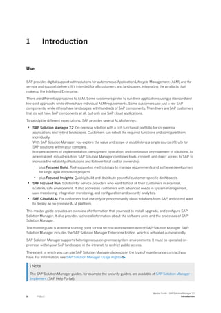 1 Introduction
Use
SAP provides digital support with solutions for autonomous Application Lifecycle Management (ALM) and for
service and support delivery. It's intended for all customers and landscapes, integrating the products that
make up the Intelligent Enterprise.
There are different approaches to ALM. Some customers prefer to run their applications using a standardized
low-cost approach, while others have individual ALM requirements. Some customers use just a few SAP
components, while others have landscapes with hundreds of SAP components. Then there are SAP customers
that do not have SAP components at all, but only use SAP cloud applications.
To satisfy the different expectations, SAP provides several ALM offerings:
• SAP Solution Manager 7.2: On-premise solution with a rich functional portfolio for on-premise
applications and hybrid landscapes. Customers can select the required functions and configure them
individually.
With SAP Solution Manager, you explore the value and scope of establishing a single source of truth for
SAP solutions within your company.
It covers aspects of implementation, deployment, operation, and continuous improvement of solutions. As
a centralized, robust solution, SAP Solution Manager combines tools, content, and direct access to SAP, to
increase the reliability of solutions and to lower total cost of ownership.
• plus Focused Build: Tool-supported methodology to manage requirements and software development
for large, agile innovation projects.
• plus Focused Insights: Quickly build and distribute powerful customer-specific dashboards.
• SAP Focused Run: Solution for service providers who want to host all their customers in a central,
scalable, safe environment. It also addresses customers with advanced needs in system management,
user monitoring, integration monitoring, and configuration and security analytics.
• SAP Cloud ALM: For customers that use only or predominantly cloud solutions from SAP, and do not want
to deploy an on-premise ALM platform.
This master guide provides an overview of information that you need to install, upgrade, and configure SAP
Solution Manager. It also provides technical information about the software units and the processes of SAP
Solution Manager.
The master guide is a central starting point for the technical implementation of SAP Solution Manager. SAP
Solution Manager includes the SAP Solution Manager Enterprise Edition, which is activated automatically.
SAP Solution Manager supports heterogeneous on-premise system environments. It must be operated on-
premise, within your SAP landscape, in the intranet, to restrict public access.
The extent to which you can use SAP Solution Manager depends on the type of maintenance contract you
have. For information, see SAP Solution Manager Usage Rights .
 Note
The SAP Solution Manager guides, for example the security guides, are available at SAP Solution Manager -
Implement (SAP Help Portal).
6 PUBLIC
Master Guide - SAP Solution Manager 7.2
Introduction
 