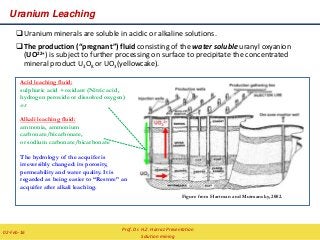 Uranium minerals are soluble in acidic or alkaline solutions.
The production (“pregnant”) fluid consisting of the water soluble uranyl oxyanion
(UO22+) is subject to further processing on surface to precipitate the concentrated
mineral product U3O8 or UO3(yellowcake).
Acid leaching fluid:
sulphuric acid + oxidant (Nitric acid,
hydrogen peroxide or dissolved oxygen)
or
Alkali leaching fluid:
ammonia, ammonium
carbonate/bicarbonate,
or sodium carbonate/bicarbonate
The hydrology of the acquifer is
irreversibly changed: its porosity,
permeability and water quality. It is
regarded as being easier to “Restore” an
acquifer after alkali leaching.
Figure from Hartman and Mutmansky, 2002.
Uranium Leaching
Prof. Dr. H.Z. Harraz Presentation
Solution mining
02-Feb-16
 
