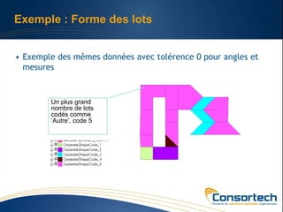 Exemple : Forme des lots


• Exemple des mêmes données avec tolérence 0 pour angles et
  mesures


        Un plus grand
        nombre de lots
        codés comme
        ‘Autre’, code 5
 