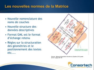 Les nouvelles normes de la Matrice


• Nouvelle nomenclature des
  noms de couches
• Nouvelle structure des
  données descriptives
• Format GML est le format
  d’échange retenu
• Règles sur la structuration
  des géométries et le
  positionnement des textes
  etc....
                                Source : Manuel d’évaluation foncière du Québec 2012 partie
                                2b ch 7 page 2B-106
 