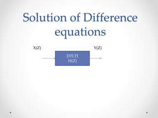 Solution of Difference
equations
DTLTI
H(Z)
X(Z) Y(Z)
 