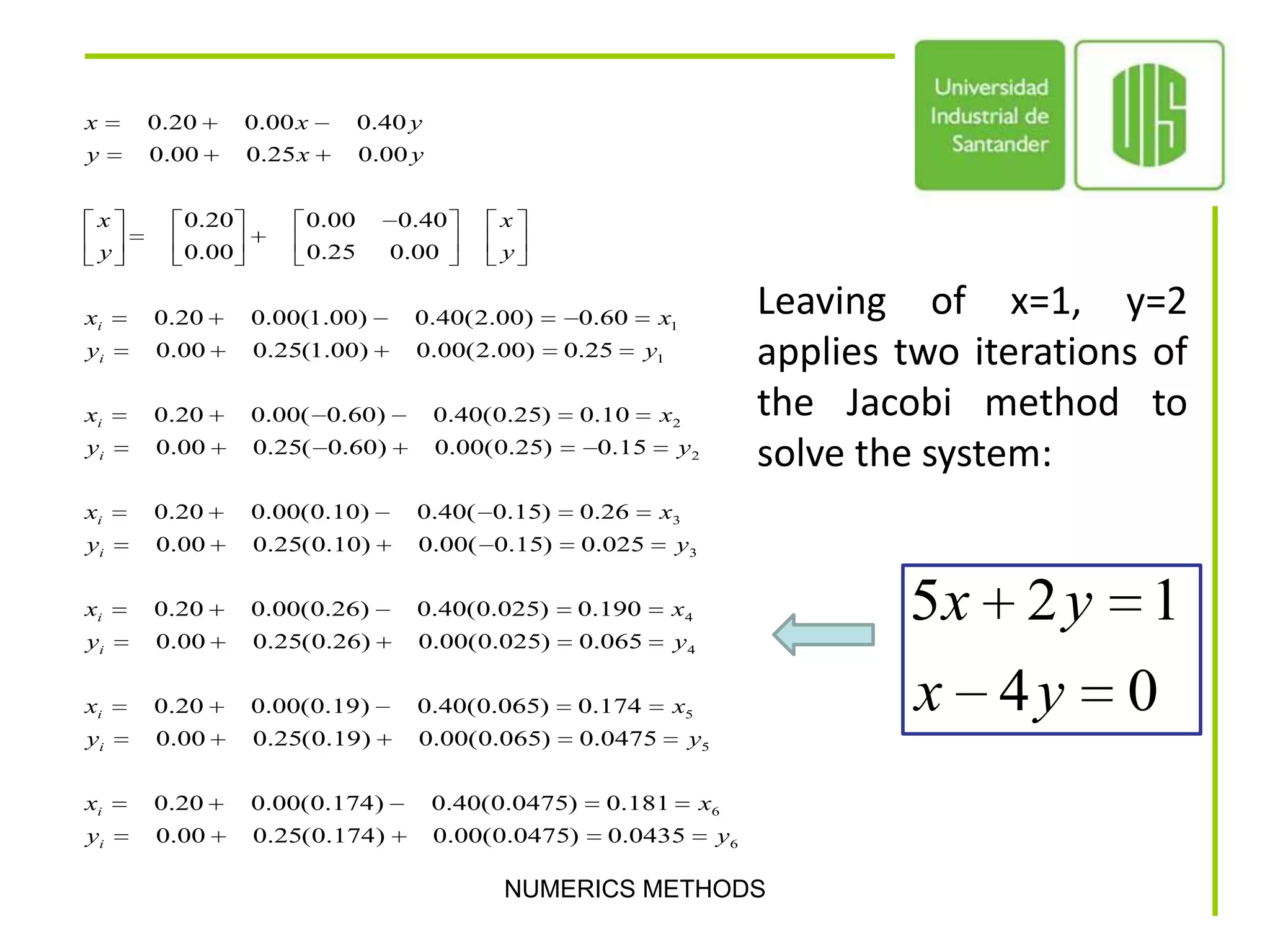 NUMERICS METHODSLeaving of x=1, y=2 applies two iterations of the Jacobi method to solve the system: