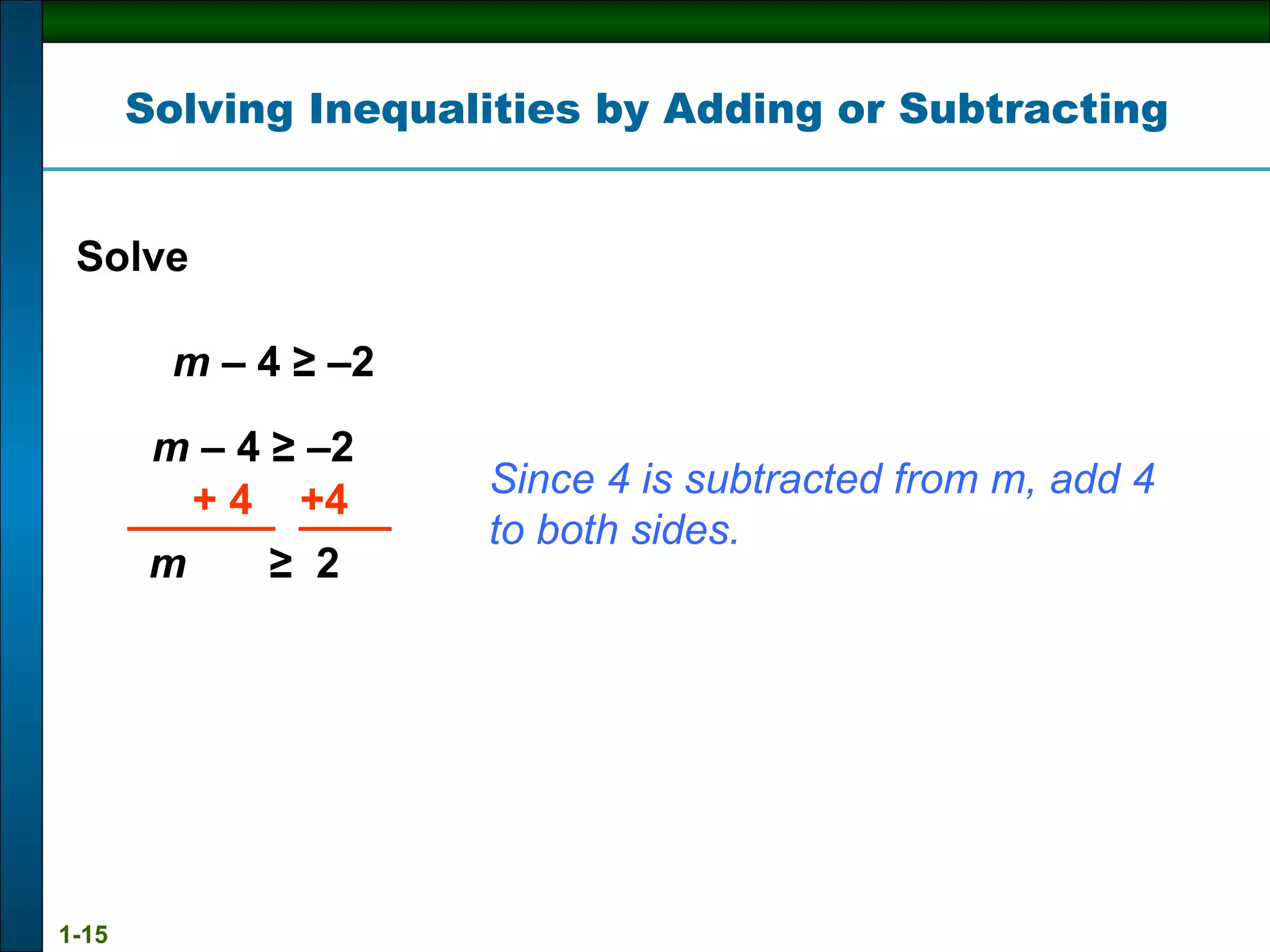 m  –   4 ≥ –2 m –  4 ≥ –2 + 4  +4   m   ≥  2  Since 4 is subtracted from m, add 4 to both sides. Solve Solving Inequalities by Adding or Subtracting 