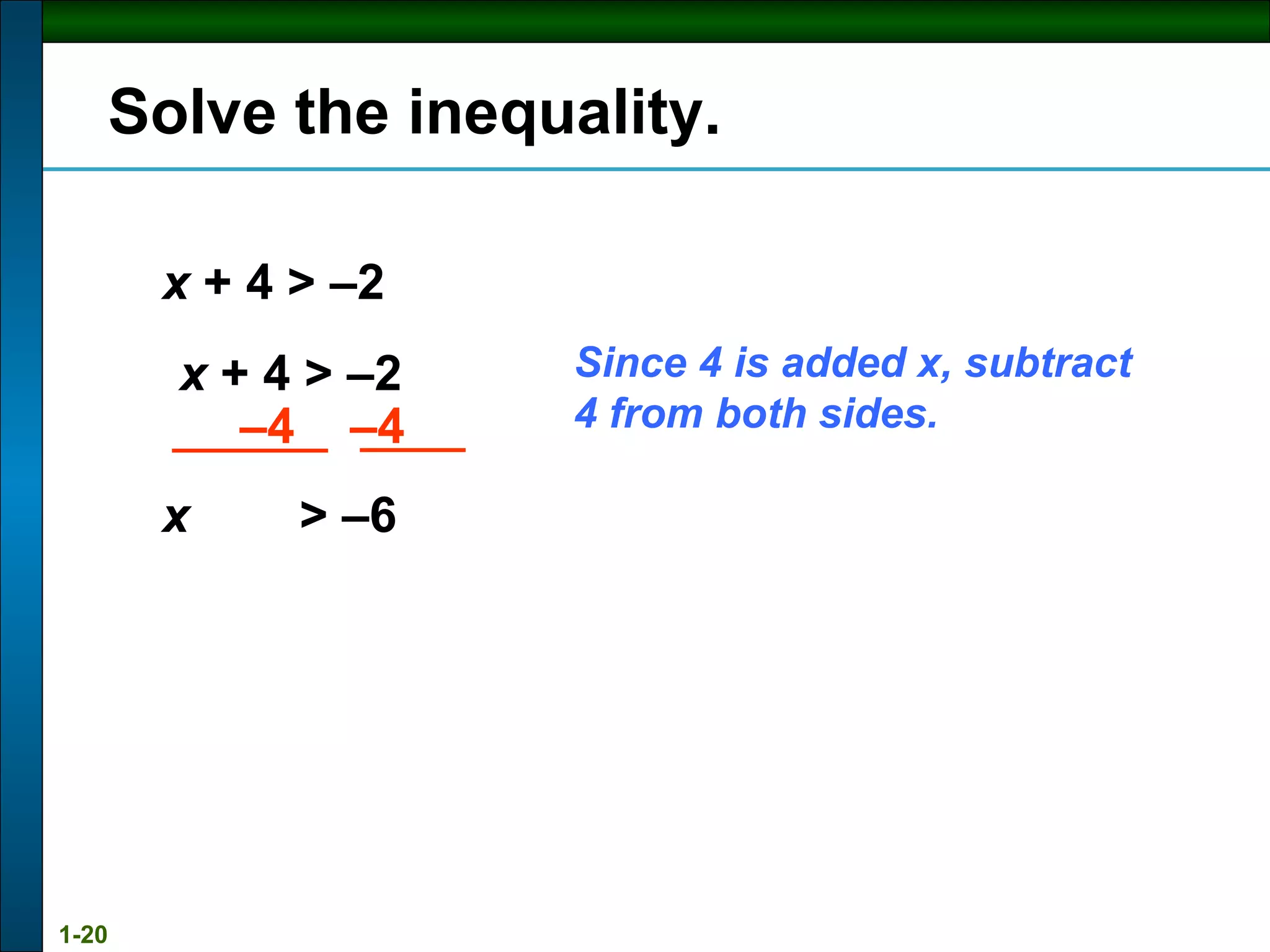 Solve the inequality. x  + 4 > –2 x  + 4 > –2 – 4  –4 x  > –6 Since 4 is added x, subtract 4 from both sides. 