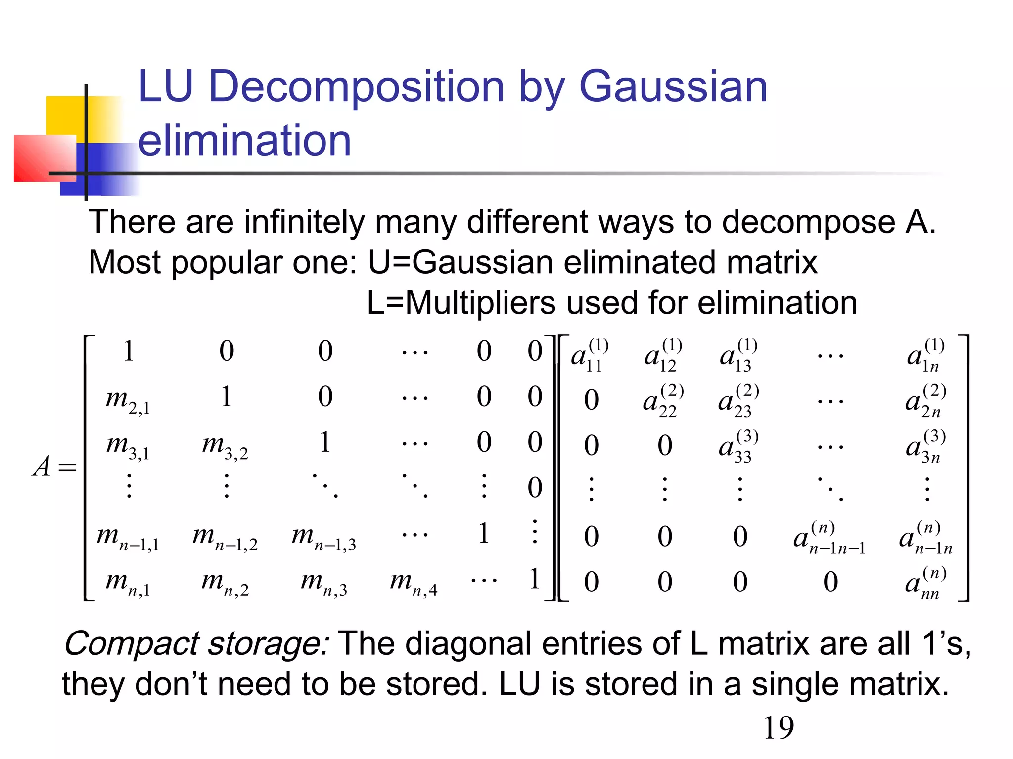 19
LU Decomposition by Gaussian
elimination








































=
−−−−−−
)(
)(
1
)(
11
)3(
3
)3(
33
)2(
2
)2(
23
)2(
22
)1(
1
)1(
13
)1(
12
)1(
11
4,3,2,1,
3,12,11,1
2,31,3
1,2
0000
000
00
0
1
1
0
001
0001
00001
n
nn
n
nn
n
nn
n
n
n
nnnn
nnn
a
aa
aa
aaa
aaaa
mmmm
mmm
mm
m
A










Compact storage: The diagonal entries of L matrix are all 1’s,
they don’t need to be stored. LU is stored in a single matrix.
There are infinitely many different ways to decompose A.
Most popular one: U=Gaussian eliminated matrix
L=Multipliers used for elimination
 