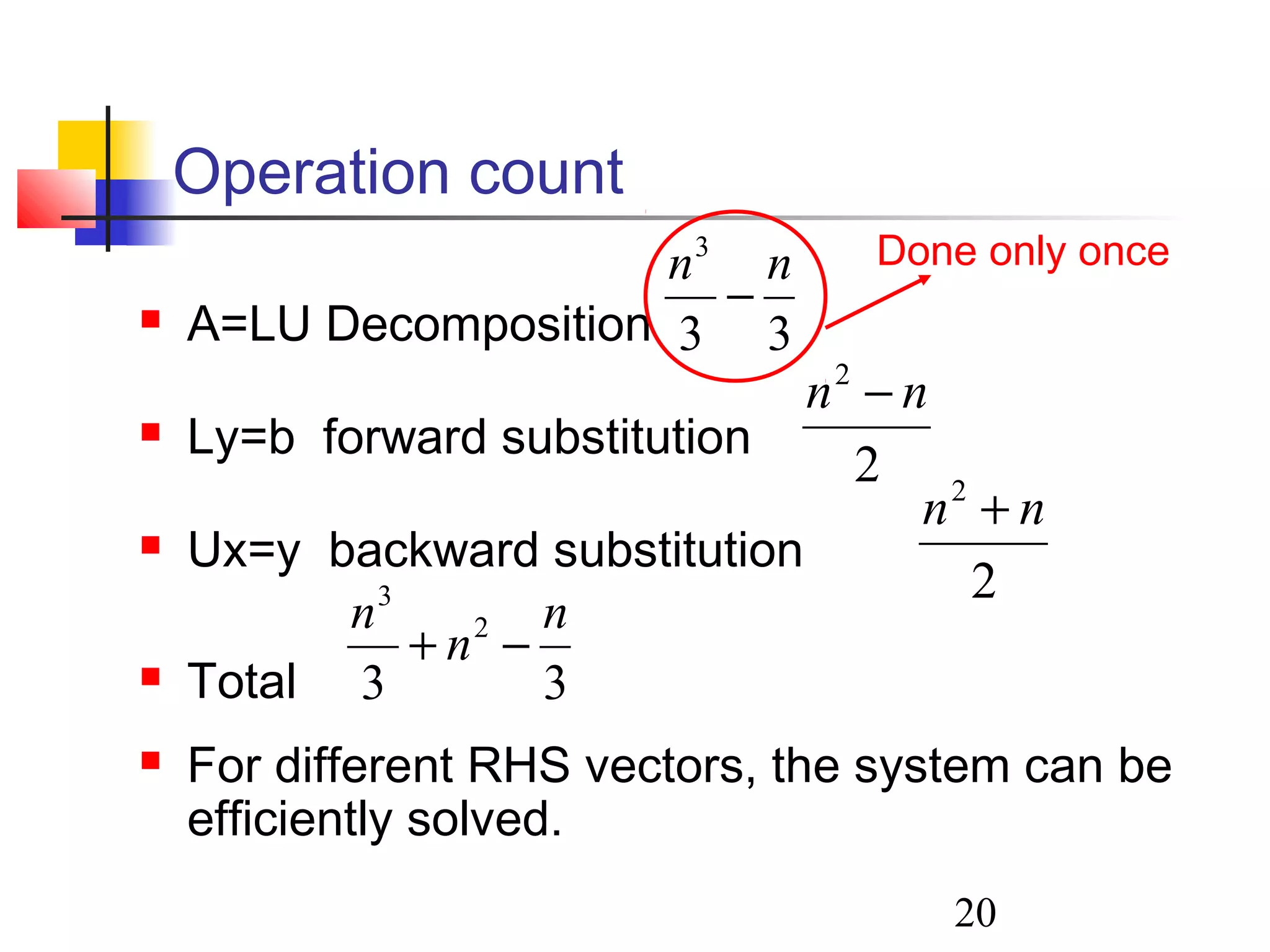 20
Operation count
 A=LU Decomposition
 Ly=b forward substitution
 Ux=y backward substitution
 Total
 For different RHS vectors, the system can be
efficiently solved.
33
3
nn
−
2
2
nn +
2
2
nn −
33
2
3
n
n
n
−+
Done only once
 