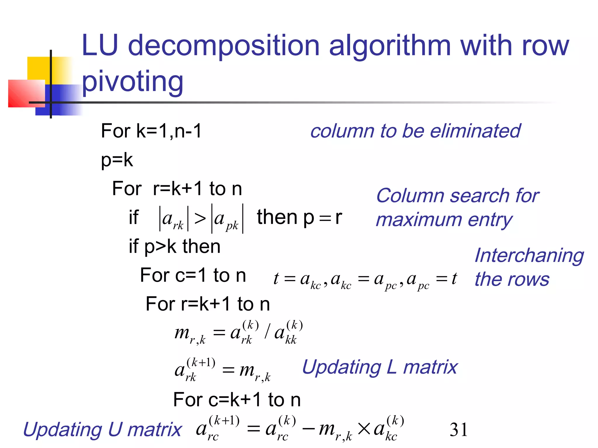 31
LU decomposition algorithm with row
pivoting
For k=1,n-1 column to be eliminated
p=k
For r=k+1 to n
if
if p>k then
For c=1 to n
For r=k+1 to n
For c=k+1 to n
kr
k
rk
k
kk
k
rkkr
ma
aam
,
)1(
)()(
, /
=
=
+
)(
,
)()1( k
kckr
k
rc
k
rc amaa ×−=+
rpthen => pkrk aa
taaaat pcpckckc === ,,
Column search for
maximum entry
Interchaning
the rows
Updating L matrix
Updating U matrix
 
