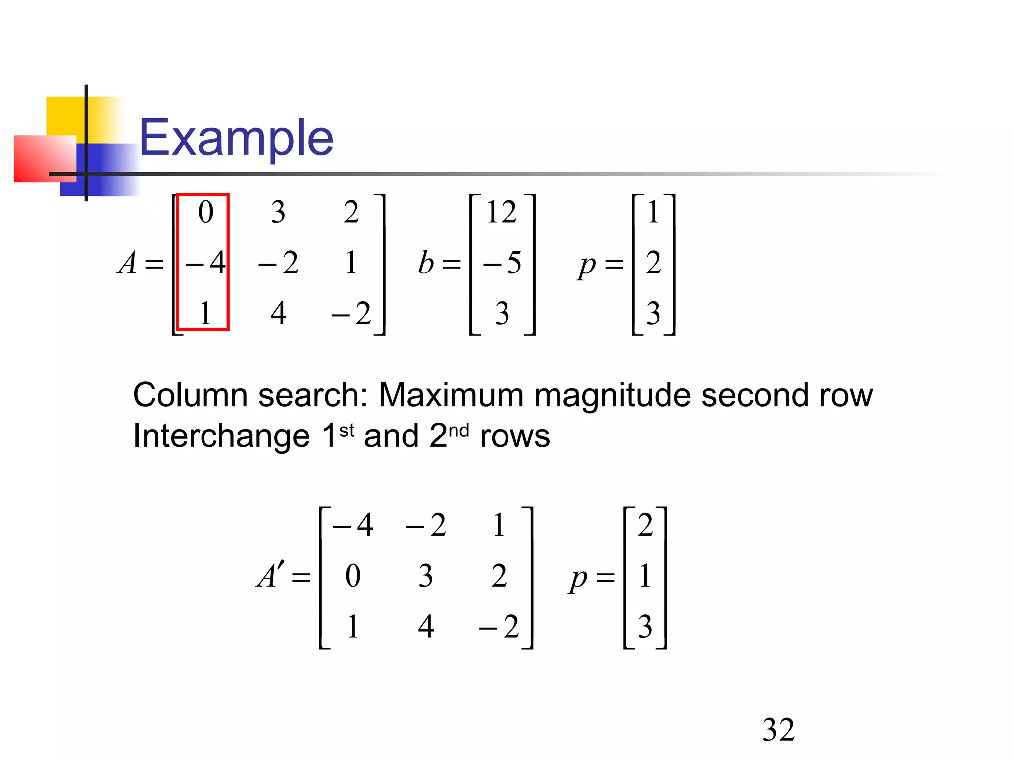 32
Example










=










−=










−
−−=
3
2
1
3
5
12
241
124
230
pbA










=










−
−−
=′
3
1
2
241
230
124
pA
Column search: Maximum magnitude second row
Interchange 1st
and 2nd
rows
 