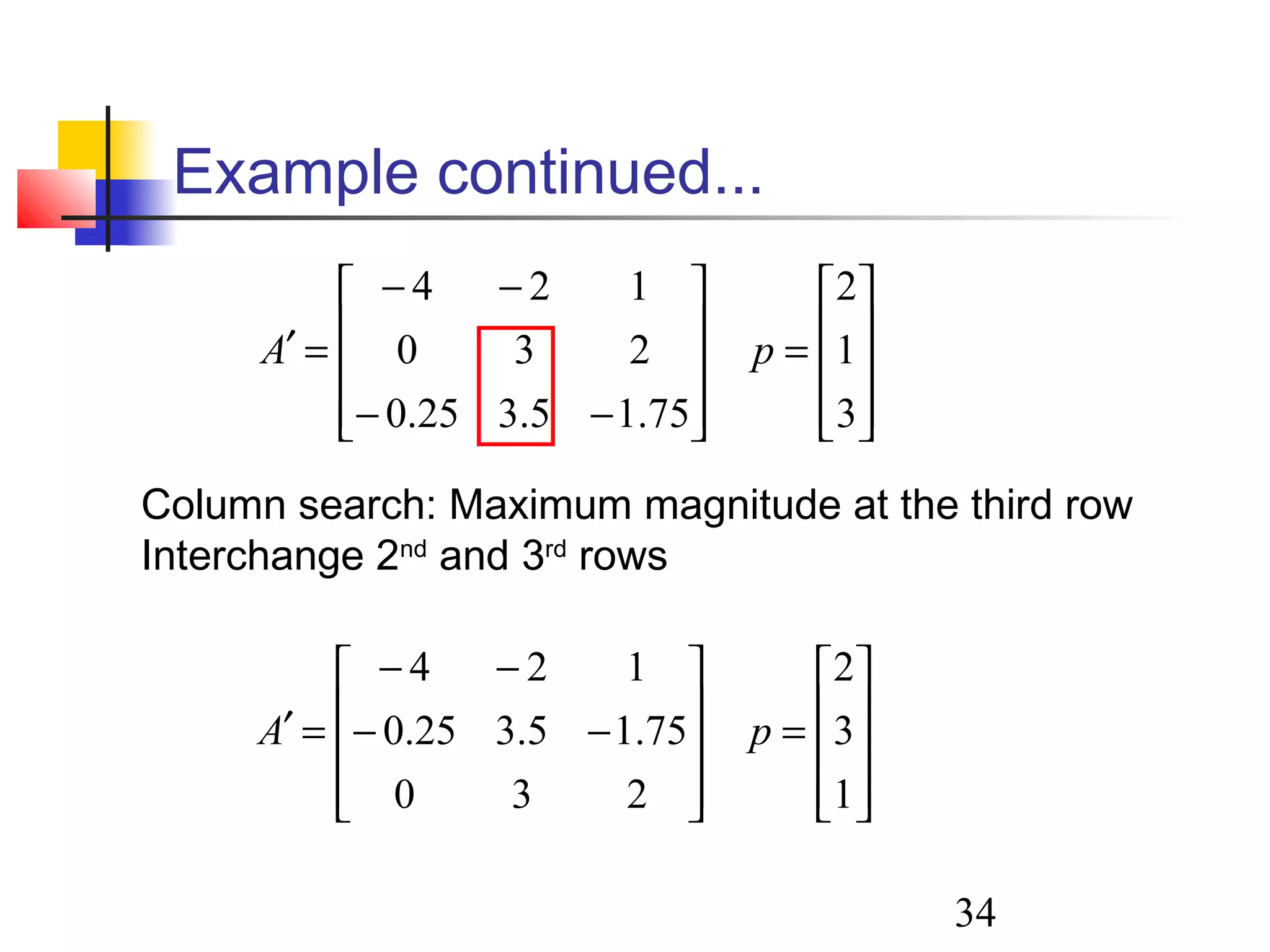 34
Example continued...










=










−−
−−
=′
1
3
2
230
75.15.325.0
124
pA










=










−−
−−
=′
3
1
2
75.15.325.0
230
124
pA
Column search: Maximum magnitude at the third row
Interchange 2nd
and 3rd
rows
 