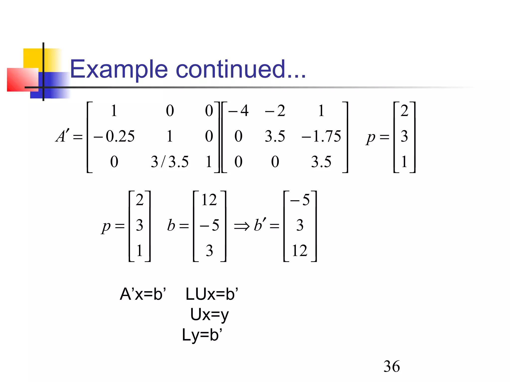 36
Example continued...










=










−
−−










−=′
1
3
2
5.300
75.15.30
124
15.3/30
0125.0
001
pA









−
=′⇒










−=










=
12
3
5
3
5
12
1
3
2
bbp
A’x=b’ LUx=b’
Ux=y
Ly=b’
 