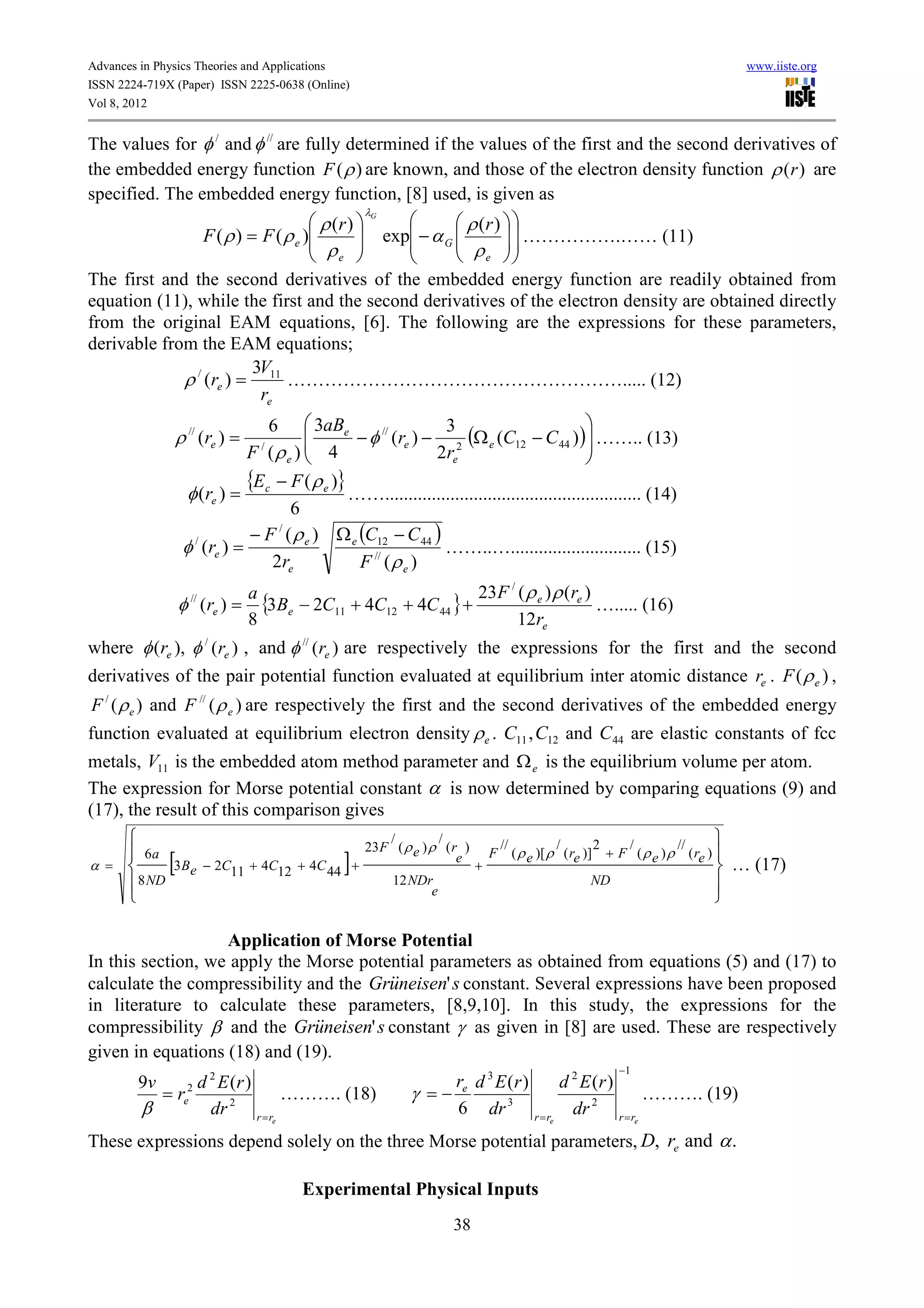 Solution of morse potential for face centre cube using embedded atom ...