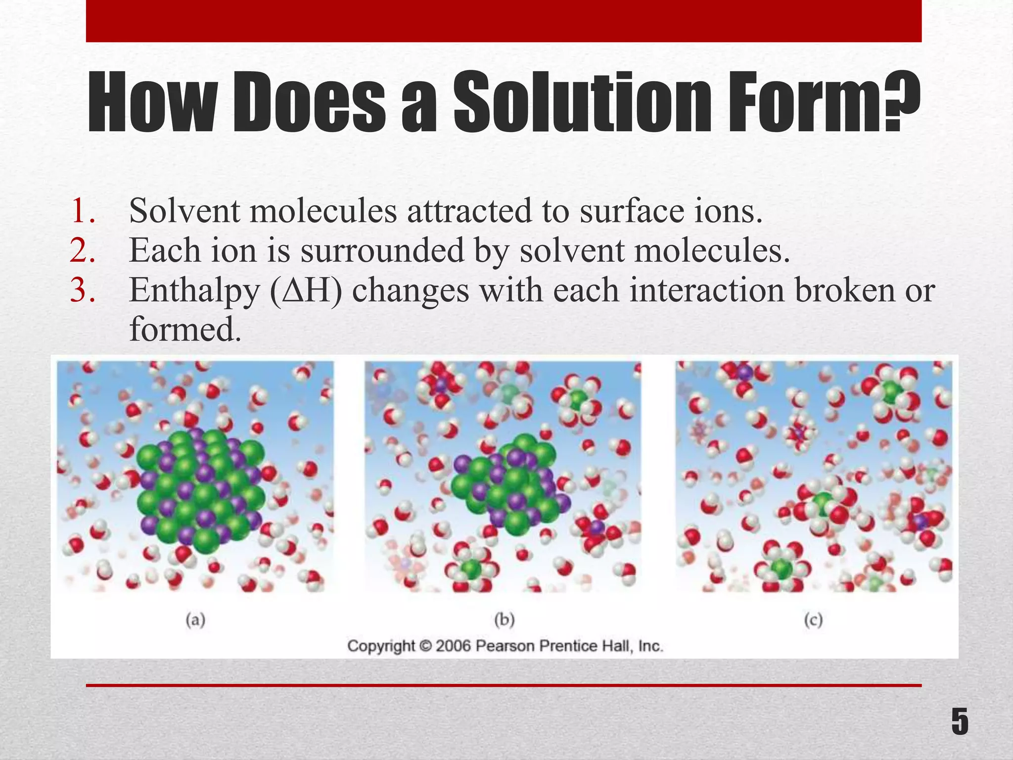 How Does a Solution Form?
1. Solvent molecules attracted to surface ions.
2. Each ion is surrounded by solvent molecules.
3. Enthalpy (DH) changes with each interaction broken or
formed.
5
 