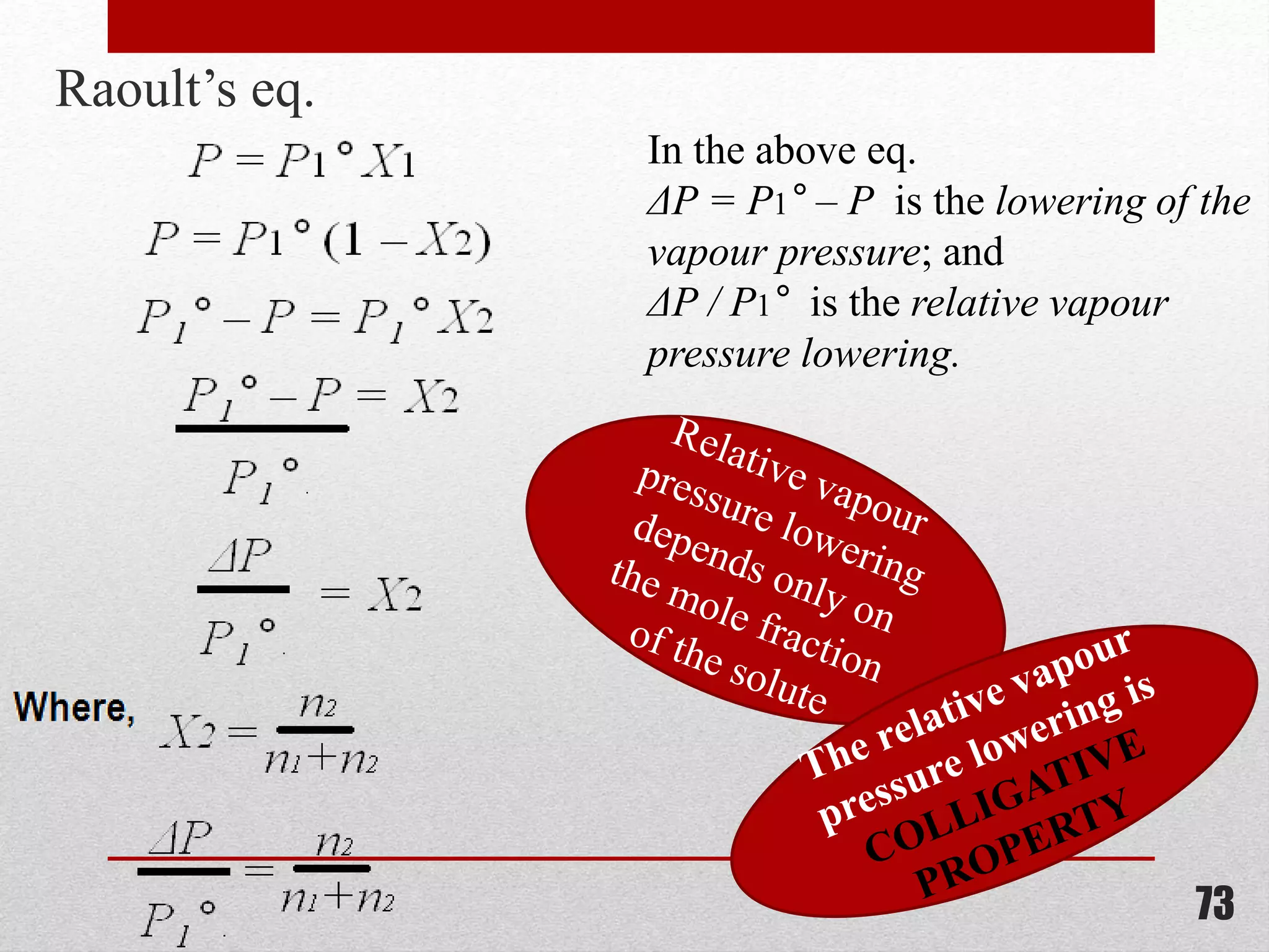 Raoult’s eq.
73
In the above eq.
ΔP = P1° – P is the lowering of the
vapour pressure; and
ΔP / P1° is the relative vapour
pressure lowering.
 