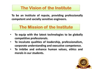 To be an institute of repute, providing professionally
competent and socially sensitive engineers.
• To equip with the latest technologies to be globally
competitive professionals.
• To inculcate qualities of leadership, professionalism,
corporate understanding and executive competence.
• To imbibe and enhance human values, ethics and
morals in our students.
 