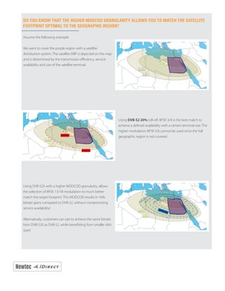 DO YOU KNOW THAT THE HIGHER MODCOD GRANULARITY ALLOWS YOU TO MATCH THE SATELLITE
FOOTPRINT OPTIMAL TO THE GEOGRAPHIC REGION?
Assume the following example:
We want to cover the purple region with a satellite
distribution system. The satellite EIRP is depicted on the map
and is determined by the transmission efficiency, service
availability and size of the satellite terminal.
Using DVB-S2 20% roll-off, 8PSK 3/4 is the best match to
achieve a defined availability with a certain terminal size. The
higher modulation 8PSK 5/6 cannot be used since the full
geographic region is not covered.
Using DVB-S2X with a higher MODCOD granularity, allows
the selection of 8PSK 13/18 modulation to much better
match the target footprint. This MODCOD results in 16%
bitrate gains compared to DVB-S2, without compromising
service availability!
Alternatively, customers can opt to achieve the same bitrate
from DVB-S2X as DVB-S2, while benefitting from smaller dish
sizes!
 