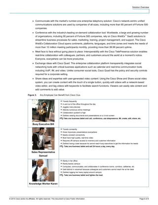 Solution Overview




                              ●   Communicate with the market's number-one enterprise telephony solution: Cisco’s network-centric unified
                                  communications solutions are used by companies of all sizes, including more than 85 percent of Fortune 500
                                  companies.
                              ●   Conference with the industry's leading on-demand collaboration tool: Worldwide, a large and growing number
                                                                                                                                                  ™
                                  of organizations, including 90 percent of Fortune 500 companies, rely on Cisco WebEx SaaS solutions to
                                  streamline business processes for sales, marketing, training, project management, and support. The Cisco
                                  WebEx Collaboration Cloud spans continents, platforms, languages, and time zones and meets the needs of
                                  more than 10 million meeting participants monthly, providing more than 99.99 percent uptime.
                              ●   Meet face to face without going place to place: Interoperability with the Cisco TelePresence solution enables
                                  real-time collaboration with colleagues, partners, and customers around the world at a moment's notice.
                                  Everyone, everywhere can be more productive.
                              ●   Exchange ideas with Cisco Quad: This enterprise collaboration platform transparently integrates social
                                  networking tools with critical business applications such as calendar and real-time communication tools
                                  including VoIP, IM, and video. Unlike consumer social tools, Cisco Quad has the policy and security controls
                                  required for a corporate setting.
                              ●   Share ideas and expertise with user-generated video content: Using the Cisco Show and Share social video
                                  system, you can create content with the touch of a single button, quickly edit videos with a network-based
                                  video editor, and tag videos with keywords to facilitate search functions. Viewers can easily rate content and
                                  add comments to add value.

                        Figure 3.       Any Employee Can Benefit from Cisco Cius.

                                                                   ● Travels frequently
                                                                   ● In and out of the office throughout the day
                                                                   ● Juggles many devices
                                                                   ● Attends numerous online meetings
                                                                   ● Collaboration quotient is high
                                                                   ● Dislikes viewing documents and presentations on a 3-inch screen
                                                                 IT :Take one business tablet and call, conference, use telepresence, IM, create, edit, share, etc.


                              Busy Executive Bill

                                                                   ● Travels constantly
                                                                   ● Gives impromptu presentations everywhere
                                                                   ● Needs constant connectivity
                                                                   ● Must have high-quality, real-time video
                                                                   ● Requires off-campus access to inventory and customer information
                                                                   ● Dislikes losing a sale because he cannot reach busy executives to get the information he needs
                                                                 IT : Take one business tablet and sell 24 hours a day, every day.


                             Sales Representative
                                      Samuel

                                                                   ● Rarely in her office
                                                                   ● Rarely leaves campus
                                                                   ● Computes, communicates, and collaborates in conference rooms, corridors, cafeterias, etc.
                                                                   ● Gets behind in voicemail because colleagues and customers cannot reach her at her desk
                                                                   ● Dislikes lugging her heavy laptop around campus
                                                                 IT : Take one business tablet and lighten the load.



                         Knowledge Worker Karen




© 2010 Cisco and/or its affiliates. All rights reserved. This document is Cisco Public Information.                                                                   Page 6 of 8
 