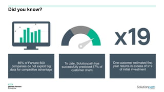 Did you know?
85% of Fortune 500
companies do not exploit big
data for competitive advantage
To date, Solutionpath has
successfully predicted 87% of
customer churn
One customer estimated first
year returns in excess of x19
of initial investment
 