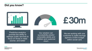 Did you know?
Predictive analytics
promise the ability to
reshape public services to
focus on those in need
sooner, and better
Our solution can
successfully predict
vulnerable adults and
children and customer
churn
We are working with one
customer to make savings
against a £30m budget
within social care
 