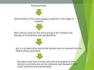 During synthesis
Determination of free amino groups is essential in the stages of
Coupling
Most common assay for free amino groups is the ninhydrin test
Because of its sensitivity and reproducibility
But it is an destructive test so that samples have to removed from the
Product being synthesized
Non Destructive tests are also used such as bromophenol blue
And picric acid tests but are not commonly used becaus1
e8
of their
Lesser sensitivity and reproducibility
 