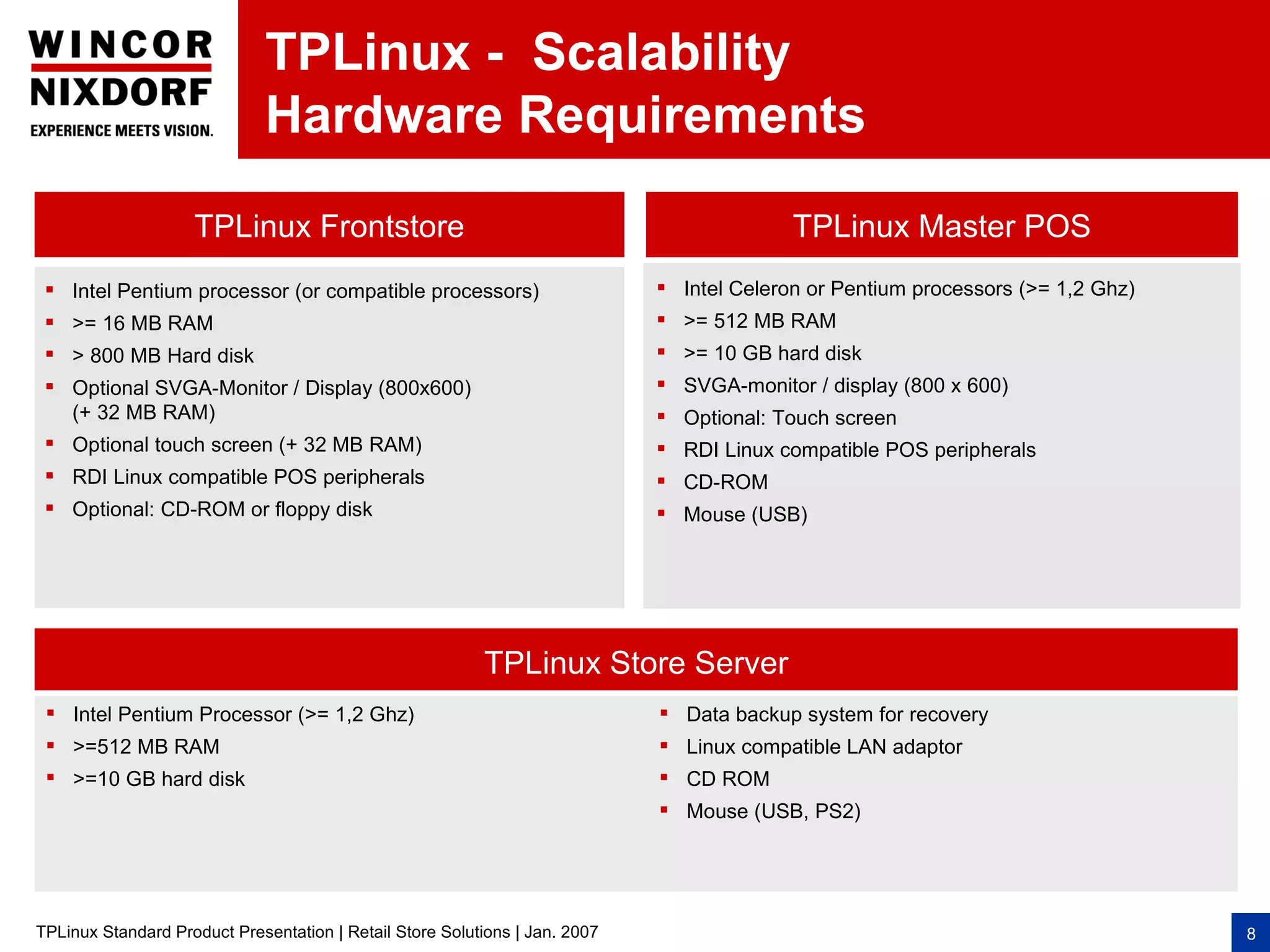 TPLinux - Scalability
                              Hardware Requirements

                    TPLinux Frontstore                                                     TPLinux Master POS
  Intel Pentium processor (or compatible processors)                         Intel Celeron or Pentium processors (>= 1,2 Ghz)
  >= 16 MB RAM                                                               >= 512 MB RAM
  > 800 MB Hard disk                                                         >= 10 GB hard disk
  Optional SVGA-Monitor / Display (800x600)                                  SVGA-monitor / display (800 x 600)
   (+ 32 MB RAM)                                                              Optional: Touch screen
  Optional touch screen (+ 32 MB RAM)                                        RDI Linux compatible POS peripherals
  RDI Linux compatible POS peripherals                                       CD-ROM
  Optional: CD-ROM or floppy disk                                            Mouse (USB)




                                                          TPLinux Store Server
  Intel Pentium Processor (>= 1,2 Ghz)                                       Data backup system for recovery
  >=512 MB RAM                                                               Linux compatible LAN adaptor
  >=10 GB hard disk                                                          CD ROM
                                                                              Mouse (USB, PS2)




TPLinux Standard Product Presentation | Retail Store Solutions | Jan. 2007                                                        8
 
