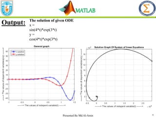 MATLAB
Presented By Md.Al-Amin 12
The solution of given ODE
x =
sin(4*t)*exp(3*t)
y =
cos(4*t)*exp(3*t)
Output:
 
