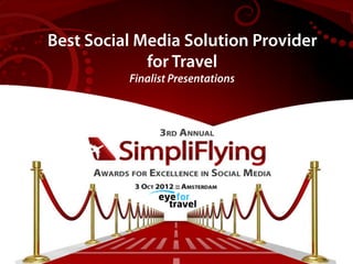 Best Social Media Solution Provider
  Best Airlines Driving Revenue
         from Social Media
             for Travel
          Finalist Presentations
 